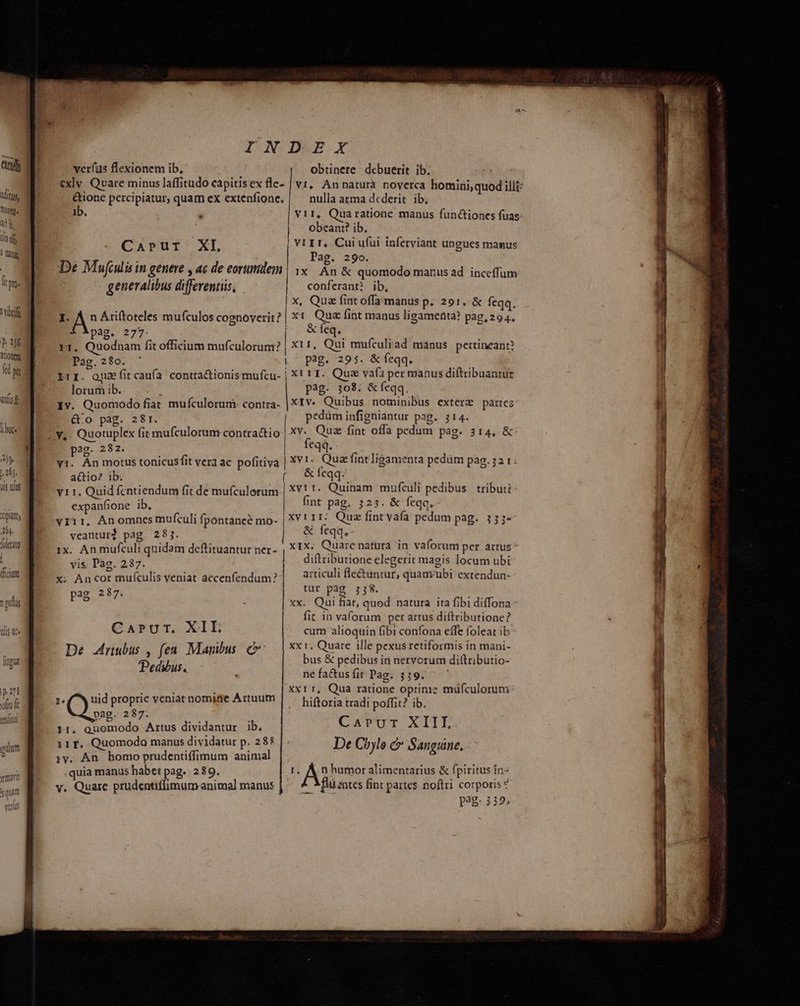 rtg Toyeg. Du Y dl eff 5 Dang lt poe 1 vicif P 286 tion fd yu INDEX verfus flexionem ib, obtinere debuerit ib. &amp;xly. Qvare minus laffitudo capitisex fle- | viz, An naturà. noverca homini, quod ilit: &amp;ione percipiatur, quam ex extenfione, | — nulla arma dcderit. ib; ib. , V11, Quaratione manus funciones fuas j obcant? ib. Caprur XL | VI 1 t, Cui ufui inferviant ungues manus E. | Pag. 29o. De Mufculis in genere , ac de eorumidem | xx. An &amp; quomodo manus ad. inccffum generalibus differentiis; conferant? ib, | X, Qua fint offa manus p. 291. &amp; feqq. EA Ariftoteles mufculos cognoverit? | xi Que fint manus ligamenta? pag, 294. pag. 277. - pss. | | vr. Quodnam fit officium mufculorum? | X1 1, Qui mufculiad manus pertineant? Pag.280. ' (^ Pag. 295. &amp; feqq. 111. opa fitcaufa contra&amp;ionis mufcu- | X! 1. Qua vafa per manus diftribuantur pag. 303. &amp; feqq, lorum ib. q. Iv. Quomodo fiat mufculorum: contra- |XIV*. Quibus nominibus exterz partes | pedüminfigniantur pag. 314. &amp;o pag. 28r. y. Quotuplex fit mufculorum contra&amp;io | xv. Quz fint offa pedum pag. 314, &amp; 1 pag- 282 | feqq. z | 1 Jj m T0 vi. Àn motus tonicusfit vera ac pofitiva | n Mus fint ligamenta pedüm pag. 32 t. actio? ib. [( &amp;feqq- | | y11. Quid fentiendum fit de mufculorum | bk Quinam mufculi pedibus tributi expanfione ib, int pag. 323. &amp; feqq, vi11, An omnes mufculi fpontaneé mo- | XV! D. Quz fint vafa pedum pag. 3 5;- veantur? pag. 287. &amp; feqq. 1x. An mufculi quidam deftituantur ner- , XX: Quare iv ruri vaforum per AIPIS vis Pag. 237. diftributione elegerit magis locum ubi : ; ! SEHE : ce E. Aacor mufculis veniat aecenfendum? articuli fle&amp;untur, quanvubi extendun- ; tur pàg 778. jas 287. :Q : aho P38 xx. Qui fiat, quod natura ita fibi diffona | fit in vaforum per artus diftributione? CarPur. XII. De rubus , fen Manibus e Pedibus. cum alioquin fibi confona effe foleat ib xx 1. Quare ille pexus retiformis in mani- bus &amp; pedibus in nervorum diftributio- néfa&amp;usfit Pag. 339. ' xxr r, Qua ratione optime müfculorut hiftoria tradi poffit? ib. CaAPUOT XIIL De Chyle &amp; Sanguine, AS humor alimentarius &amp; fpiritus in- flu zntes fint partes noftri corporis? pg. 339, dem proprie veniatnomine Artuum pag. 287. 11. quomodo Artus dividantur ib. 11r. Quomodo manus dividatur p. 285 1v. An homo prudentiffimum animal .quia manus habet pag. 289. v. Quare prudentiffimum animal manus