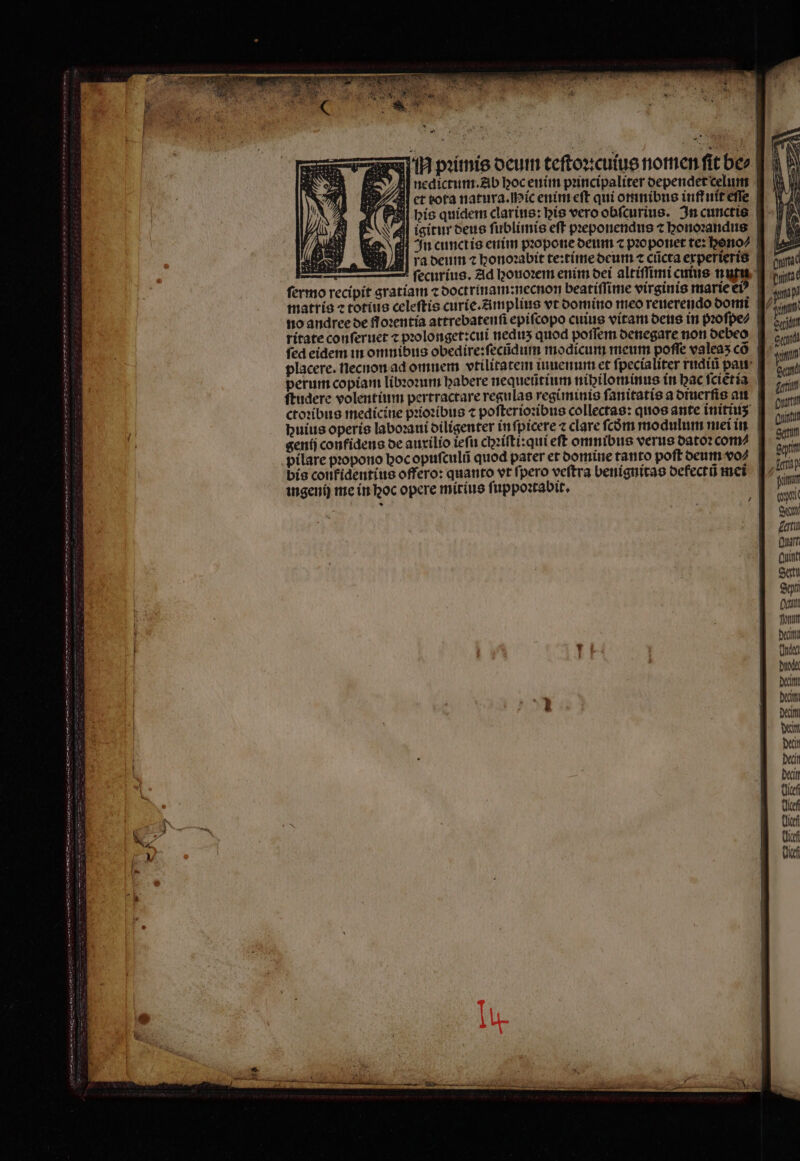 —— 22 P SS P . * - NM pꝛimis deum teſtoꝛ:cuius nomen nedictum. Ab hoc enim pꝛincipaliter dependet celum his quidem clarius: his vero obſcurius. In cunctis igitur deus ſublimis eff pꝛeponendus 7 honoꝛandus In cunctis enim pꝛopone deum ⁊ pꝛoponet te: hono⸗ ra denm ꝛ honoꝛabit te:time deum ⁊ cũcta experieris buius operis laboꝛaui diligenter in ſpicere ⁊ clare fcóm modulum mei in bis conkidentius offero: quanto vt fpero veftra benignitas defect mei ingenij me in hoc opere mitius ſuppoꝛtabit. L4 90 Go ét Quafi Quish Sq Sor Qut Tort becit Inden buda bran b bec tow Den etl deri (lief Qief Le (ef (f