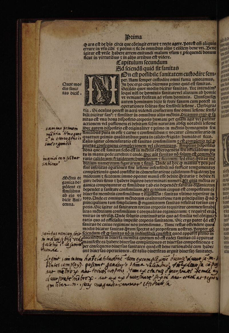 Pꝛima | 5 MN | ꝙ ars eft de bis circa que cõtiugit errare ⁊ recte agere.poteſt em̃ aliquis errare in vfi cibi ⁊ potus:⁊ ſic de omnibus alijs ⁊ eiſdem bene vri. Bene igitur eft vtile babereartem euitandi malum vſum ⁊ ꝓſequendi bonum ficut in virtutibus c in alijs arcibus eft videre. l f£ apítulum fecundum Ad ſciendũ quid ſit ſanitas On eſt poſſibile ſanitatem cuſtodire ſem⸗ N per. nam ſemper cuſtodire omni fama ignoꝛamus. Quotiio7 IN RS In hoc ergo capi.dicemus pꝛimo quid eft ſanitas. um da dis ſani⸗ 8 Secñdo quot modis dicitur ſanitas. nec intendimꝰ «cy tas dicit. 1 loqui nífi de hominis ſanitatevel alioꝛum ab homie um AS vt veniant foꝛſitan ad vfum hominis. Unuſquiſqʒ || cim autem hominum dicit fe foꝛte fanum cum poteſt in aun n operationes ſolitas fine fenfibili lefione . Qerbisra4 || n tía . Si oculus poteft in actũ videndi conſuetum fine omni leſione ſenſi⸗ i) i bili:dicitur ſanꝰ: ⁊ fimiliter in omnibus alijs mẽbꝛis, Nicamus ergo qp ſa viri N nitas eft vna bona diſpoſitio coꝛpoꝛis humani per quiam agit vel patitur i: catctionem vel paſſionem ei debitam fcóm naturam abſq; notabili leſione $amfns Primom Rec autem diſpoſitio eft oꝛiginaliter ⁊ pꝛimo in mẽbꝛis homogenijs ſen ma yu no gine fimilibus puta in offe ⁊ carne c conſimilibus:⁊ vocatur cõmenſuratio in 28% Eftrto i; quattuoꝛ pꝛimis qualitatibus:puta in calido:frigido: humido et ſicco. ado ries SE Zalis igitur cõmenſuratio eft ſanitas conſimilium ee ee | dm puerao onfequens complerionem vel cócomitaus. Amplius diſpoſitio ona que eft fanitas:fcóo eſt in mẽbꝭs etberogenets feu officialibus:prm | 3 ; ta in manu:pede:cerebꝛo:⁊ coꝛde. ec aũt ſanitas nó folum eft comméfü | in qma con fé rt ratio caliqo:um:frigidoꝛum:humidoꝛum ⁊ ficconuti: fed ctías q;titas mé | Aus bonum numeroꝛum figurarum « fituri. (Inde ad boc q; mammis ⁊ pes pof |l int inſolitas opationes fine Iefione infenfibili no ſufficit tempamentus |. ^ complexionis quod confiftit in cõmenſuratione calidoꝛum frigidoꝛuʒ hu eh Mẽbꝛa o; midoꝛum ⁊ ſiccoꝛum: immo opoꝛtet manũ effe debite q;titatis ⁊ debite fi i ganica de/ gure debiti ſitus ⁊ habere digitos determinati numeri. Et quia mébza o2 44. 0:8 pédent ex Sanica coimponuntur ex ſimilibus ⁊ ab eis dependẽt:ſaſſitaãs o:ganiconmis e L fimilibus dependet a ſanitate conſimilium. Et qz totum coꝛpus eft compofitum ex tte ab eis vt diuerſis membꝛis conſimilibus ⁊ 025atiicie : ſanitas vltimo reperitur in ftit dicit ui toto. Unde ex omnium mẽbꝛoꝛum coalternatione tam pꝛincipaliuʒ p nõ 3 ado cenna. bꝛinc ipalium tam ſimplicium q; oꝛganicoꝛum ſanitas reſultat totius coz f don poꝛis.Sic igitur ad ſanitatem totíus coꝛpoꝛis requiritur commen ſurabi ichn litas mẽbꝛoꝛum conſimilium ⁊ coequalitas oꝛganicoꝛum: ⁊ requirit etiã el vnitas in vtriſqʒ. Unde ſolutio continuitatis quo ad ſimilia vel cotigniz9 || fisq tatis quo ad officialia impedit coꝛpoꝛis ſanitatem. Sic ergo patet dd eft) ||. tui ſanitas oe cuius regimine nos intendimus. nunc reſtat oſtendere quo lipett : mo dis dicatur ſanitas iptum fpectat ad propofitum noſtruʒ. Pꝛopter q8 quo Fannfat noncon ſitii- fcicndum eft g ſanitas nó in indiniſibili confiftit quod appact᷑ pid in di hm «iui fi fid ve (4d icentiDus wn otuerfa membꝛa quoꝛum nó eft eade ſanitas cũ appareat Qu AG ui 10 de (abs; Ananifeſte ea habere diuerſas complexiones et diuerſas compoſitiones c. || sir ; 4 fA per confequere diuerſas ſanitates quod eft bene rationabile cum habe? wp . ant diuerſas operationes. €t talis diuerſitas arguit diuerſaʒ ſanitates. ics — dmt sam talem Pa ela hi ap né pm ne Jenes % L AAA 76755 bii d ad p» MR 75 ja ir , er, 5 . 7 F S N * at- mero xe coger fun ere em Fu ꝙ ner Je e A All- life ou ey - Aut ao — ur, yt aut elfi e,