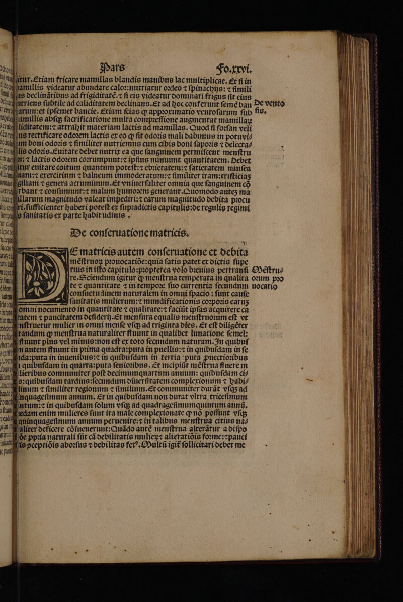 ou tur. Etiam fricare mamillas blandis manibus lac multiplicat. €t fi in Aeg amillis videatur abundare caloꝛ:nutriatur oꝛdeo ⁊ ſpinachijs: ⁊ ſimili !i us declinãtibus ad frigiditate. fi eis videatur dominari frigus fit eius Xütutriens ſubtile ad caliditatem oeclinans.£t ad boc conferunt feme bau De vento dti arm:et ipſemet baucie. £tiam ſcias ꝙ appꝛoximatio ventoſarum fub ſis. obe zamillis abſq; ſacrificatione multa compꝛeſſione augmentat mamillaꝝ tube hliditatem:⁊ attrabit materiam lactie ad mamillas.Quod fi foꝛſan veli len eus rectificare odoꝛem lactis ex eo qp fit odoꝛis mali dabimus in potuvi⸗ cba vm boni odoꝛis ⁊ fimiliter nutriemus cum cibis boni ſapoꝛis ⁊ delecta⸗ an i lis odoꝛis.Euitare debet nutrix ea que fanguinem permifcent menſtru /l gehn: ⁊ lactis odoꝛem coꝛrumpunt:⁊ ipfius minuunt quantitatem. Debet ſappil tur euitare coitum quantum poteſt:⁊ ebꝛietatem:⁊ ſatietatem nauſea fun ua m:⁊ exercitium ⁊ balneum immoderatum:⁊ fimiliter iram:trifticias ola giliam ⁊ genera acrumiuum. Et vniuerſaliter omnia que fanguinem có ger zu rbant ⁊ conſumunt:⁊ malum humoꝛem generant.Quomodo auteʒ ma lac illarum magnitudo valeat impediri:⁊ carum magnitudo debita pꝛocu lis on ri. ſufficienter baberi poteft ex ſupꝛadictis capitylis;de regulig regimi imul ſanitgtis er parte habit uainis· A : A e . De conſeruatione matricis. 155 inquageſimum annum. Et in quibufdam non durat vltra. triceſimum dul num: in quibuſdam ſolum vſq; ad quadrageſimumquintum anni. auß edam enim mulieres funt ita male complexionate qp no poffunt vſq; LG quinquageſimum annum peruenire:c in talibus menſtrua citius na⸗ ni aliter deficere cõſueuerunt: Quãdo autẽ menſtrua alterãtur a diſpo un Se ppꝛia naturali ſũt cã debilitatis mulieꝝ⁊ alteratiois foꝛme:⁊pauci 17 is ↄceptiõis aboꝛſus ⁊ debilitas fetꝰ.Multũ igit ſollicitari debet me