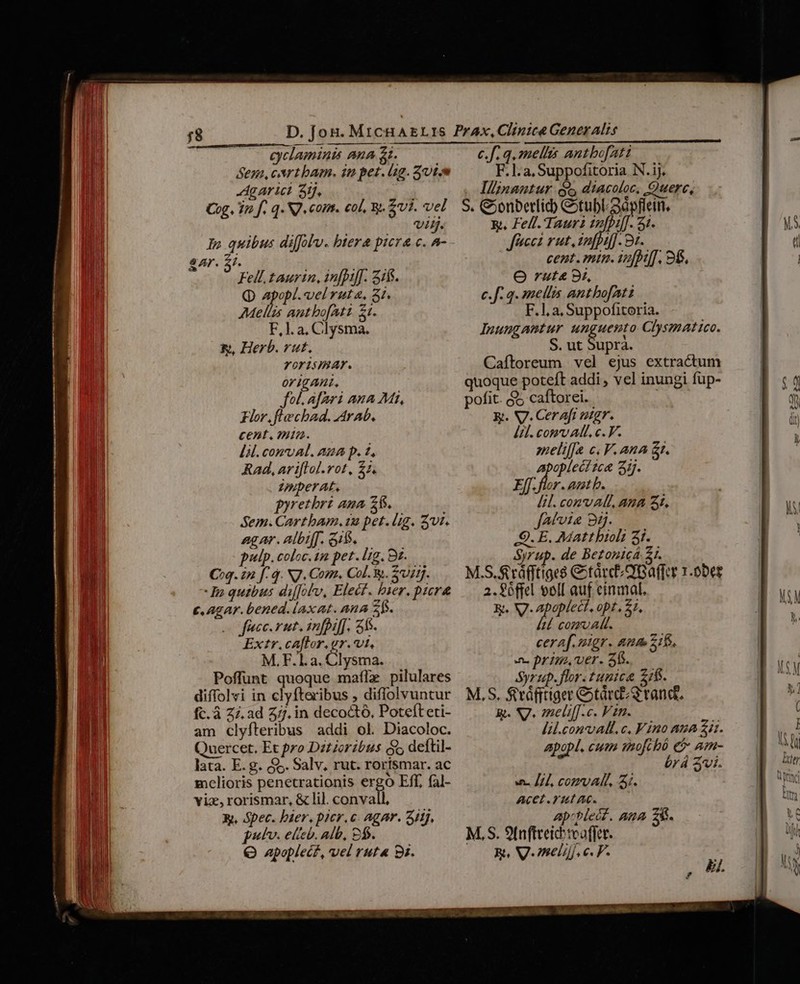 D. Jon. MicHAELIS Prax, Clinice Generalis cyclaminis Ana £i. c.f. q. mellis antbo[nti Sena, cartbam. in pet. ig. oi. F.l.a. Suppofitoria N.ij. gari 3i. i; Ilinantur d diacoloc, Querc, Cog. Tn f. q. NJ. com. col, S. vi. vel S. Cjonbetlid Cotubl-2ópflein. vij. &amp;. Fell. Taur t2[piff. 51. In quibus diffolv. btera prera c. a- - Jfneca rut, infpi[]. 8. sAr. 5i. cent. min. iufbuf. 96. Fell. taurin, in[piff. 31$. O rut&amp; 9i, Q apopl.velruta, 31. c.[- 3. mellis anthofAati Mellis amtbofAatt. 21. F.l. a, Suppofitoria. Fl. a, Clysma. luuugantur unguento Clysmatico. &amp;, Herb. vut. S. ut Suprà. Yorismar. Caftoreum vel ejus extractum orig Ani, quoque poteft addi , vel inungi fup- fol. afari ana Mi, pofit. $5 caftorei. Flor, flecbad. Arab, E. V. Cer aft ntgr. cent, mim. Itl. com AL, c. F. lil. conval. aua p. 1, meliffa c. V. ana £t. Rad, ariftol-rot, $1, Apoplect zc&amp; 31. ipiperat, Eff. y» ant b. pyrethrz aua 2$. lil. convALL, ana St. Sem. Cartbam.12 pet.lig. vt. fatvis 8ij. agar. albiff. 515. ,O. E. Matt bio 3i. pulp. coloc. im pet. lig. 8s. Syrup. de Betonicá £1. C»q. in f: q. NJ. Com. Col. S02. .— M.S. s váfftiges Gotürct/QBaffer 1.0bet Ta quibus diffol'v, Elect. bier. picr&amp; |— 2.90ffel voll auf cinmal, t, AgAr. bened. laxat. Ana zh. R.. VJ. Apoplect., opt, 21, 2ofeec. rut. infpif[. 55. 2L comalr. Extr. caflor. or. vt, ceraf.uigr. anas 215. M.F. a. Clysma. ne prim, ver. 56. Poffunt quoque maílz pilulares Syrup. flor.tunica 21. diffolvi in clyfteribus , diflolvuntur . M,S. $váfrtíiger CitarcQ rand. fc. à Zi, ad 7j. in decocto, Potefteti- Rt. S7. omelil[.c. V2. am clyfteribus addi ol Diacoloc. lil.convall.c, Fino aua £it. Quercet, Et pro Dzt oribus Gu deftil- apopl. cum anofc bó e$ am- lata. E. g. $5. Salv, rut. rorismar. ac érá 3vi. melioris penetrationis ergo Eff, fal- «e. Jil, comvARL, 5. viz, rorismar, &amp; lil. convall, AcCL. Tut AC. X, Spec. bier. picr.c. Agar. 511j, ap-blect. ana 28. pulv. eleb. alb, 9$. M,S. 9Inftreid:toa(fer. Q apoplecz, vel ruta 9s. (0g Vemelij. e. P. ZUNEUCTUUNNCUTEDU TNEDICEET n a