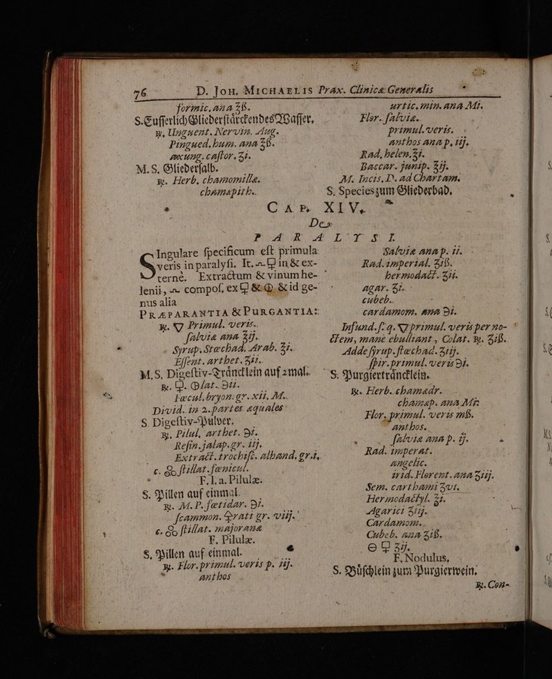 forimic.ana £f. S.Gufferlidb lieberftárctenbesQ' affer, g, Ungauent. Nerva. Aug. Pingued, bum. ana 26. xung. caftor, 3. M.S, Giieberfalb. p. Herb, chbamomilla. cbamu«pit b. CAPR Uurtic. mt. ARA AME. Kor. fAfvta.. primul.veri. antbos Ana p, tij. Rad, belen, zi. Baccar. juntp. £j. AM. Incis, D. ad Chartam. S. Speciesum Glicberbab. XLWICIY Ingulare fpecificum. eft primala Q veis in paralyfi, It, .- D in &amp; ex- terne. lenii, .- compof, ex Lj &amp; (p. &amp; id ge- nus alia PRAEPARANTIA &amp;PuRGANTIA: y. X9 Primul. veri. falvia ana £ij. Syrup. Stecbad. Arab. 21. Effent. artbet. Zi.. M.S, Digeftiv-&amp;vándlzin auf 2mal. &amp;. d. /at-.B9. .——— Fecul.bryon: gy. x. M. Divid. im a.partes «quales S. Digeftiv-julvet. x. Pilul, artbet. gt. Refin.jalap.gr. iij. ; Extradt. trocbifc. alband, gv. c. Qs fHillat .femicui. F. La. Pilulz. S. SSillen auf cinmal.— xt. M. P. fetidar. 9t. fcammon. rati gr. vij. c. Q. (Lillat. majorana euh F. Pilulz. s,9Mllen auf einmal. —— 7 x. Flor. primul. veris p. 11.  ant bos SAKFvi&amp; AnA p. 4. Rad. 1mperial. aif. bermodaAdct. 2t. AgAT. 5r. cubeb.. cardamom. Ann 9i. lafund.f:q. Ng primul. veris per no- &amp;f em, mane ebullsant , Colat. &amp;. 21$. Adde fyrup.fiecbag. 211. fpir.primul. veraz. S. SYyurgtertranctlein. B. Herb..ecbamadar. cbamap. ana Mr. Flor, primul. veris m$. Ant bos. Jéhvia ana p. ij. Rad. imperat. Ang elic. 71d. Flerent. ana 31s. Sem. cartbamt Zvt. Her modactyt. 21. AgAr1et Sig. Car damom. Cubcb. AuA 21b. eU 37. ; F, Nodulus, S. S5ufdlein jum »Durgierteeim, À:. Con-