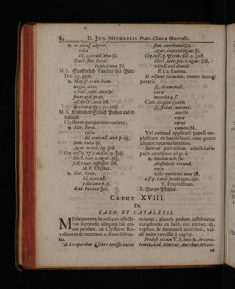 Rt. -n- cerAaf, sigror, 27/7? lil. convAM. Ana 31. Tincl. flor. Paon. fupice ABA 35. Cionberfid. Tincétur is $5iet/ ; 15 j.gutt. x. Mazift. cran, bum. ung, alcts, ccrAU. rubr. AWASI. Jmnar agd. prap. off. de CC. ana 9f, Bezoard. Qe er.vimJ. M. S. $oftlicbeé Cotarct 9uleer auf ete licynat. Clyíteres quoque conveniunt :. &amp;. Flor, Pecn.. Lilia: lil. convAL. ABA p. 25), Sep. ruta 4. gar. in pet. [18. SiS. - Cog. In]. 9. NJ com. Col, S. £15, Elect, bier. c. agar. 31, fe taur. infbiffat. 3, M, F, Clyfter.. E. Hor. Pon, — Lil. conmvAI. Lilze ama p. ij. AAd. Peoni&amp; Sii. q Edicamenta in.reliquis affecti- h Li bus. foporofis. allegata hic eti- vellentes &amp; externas .. fixos folven- tia. 4i 4 vaperibus afebre emi[[is earus fem. cartbamizii. Agar, tnpetiá ligat, 2. Coq. tn f. q. NJ eom. Gol. w. 1ifs. Elect , bier.pic. c. agar. 1f. vitell. ovt dimid. F,l. a, Enema.. $1 adfunt. tormina, venter inungi poterit &amp;5 chamomil. rule mentbe q.f. Cum aliquot euttis Go Hat, aurant. Anetbt vule cAr ut: CuminiM, Vel externe applicari poteft em- plaftrum de.baccislauri, cum guttis aliquot rutzemalaxatum, laterné. pulveribus. admifceatur pulv. anodynus ad gr. i, X. SandAaracb, 94. iftolocb. rotund. rut a.. fci quercini Ana 2f, €. f. q. Cerot.probregm. vfrt. F, Emplaftrum. S. Jauptnflatier. X VIII, oriatur, plantis pedum adhibeatur cataplasma ex herb. rut. recent. o, raphan..&amp; fermento acerrimo, val- dé enim revellit à capite. Prodeft etiam N , S. 3m &amp; rterzo- £omiayvid. Marcus ddurelius Severz- z