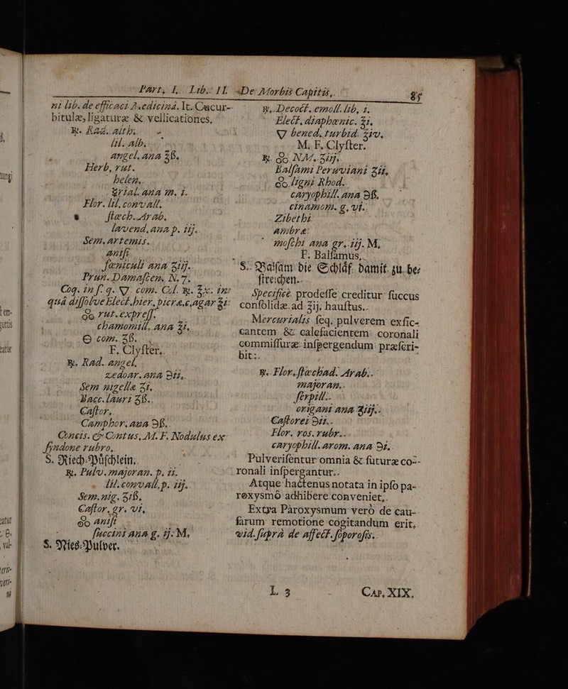tung PArt, ho Lib ri bitula,ligaturze &amp; vellicationes, B. KZ. AL; [H.. Abb, Angel, Ana Z8, Herb, rut. betes,. SrZal. AMA Hi» £4. Flor. lil, conv ad. ? Jiecb..Ar a6, lamvend,ama p. 11. Se, AYTemis. anti Jeniculi ana zii. Prun.Damajfcem, N.7. Go Fut. expref[. chamomt, ARA 21. Q com. 26... . F, Clyfter.. X. Rad. 2ng el, zeadoAT,. MA Bi, Sem ngelle 31, Bacc.lauri 55.. Calor. Campbor, aua 9f. Caes. C$ Contus, M. F. Nodulus ex Jfyndone rubro, S. Suied»Snnfcblein.. N &amp;. Pulv.majoran. p. 24. Jil. com all, p. zi. Sen. zig. 51$. Caflor, gr. Ut, eo Antft fecdioi ARA g. 2j: M, S. SYrieg.spuloer. De: Aforbis Capitas,. W,.Decoct, emo. (26, 2. Elect, dzaphenic. £i. V bencd, turbid. Ziv, M, F, Clyfter. E. G5 NAM. Sa. balfami Peruvian ait, Go. //gui Rbod. caryopbill. ama 9. CIRATAOHR. € , UE. Zibet hi. ele mo[cbt ana gr..25. M, / ad Balls fite.coen.. óbecificé. prodeffe creditur: fuccus confolidz. ad.2ij; hauftus.. MereuriAlis feq. palverem: exfic- cantem. &amp; calefacientem: coronali commiffurz. infpergendum: pracfcri- bit:. | R.. Flor.flecbad. Arab.. ?AfOY Ae. fevpi.. orig Ani AHA 2iij.. Caftorei 91.. Hor. ros. rubr.. cAryopbill. arom. ana 9. Pulverifentur omnia &amp; füturz co:- ronali infpergantur.. Atque hactenus notata in ipfo pa- rexysmó adhibere. conveniet,. Extya Pàroxysmum: veró de cau- farum: remotione cogitandum erit, vid. [irá de affect. foporofis..