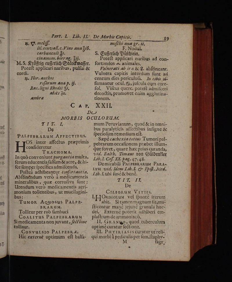 | : Part. D EL IL h^ g E [v meli 7/N [H. comu Alt. c. Y'1no ana 3j6. carbunculi &amp;t. cinamom. borrag. 21. M.S. $vàgtig eufferticb &amp;xtárd maffer. | Poteft applicari naribus, pulfüi &amp; | cordi. | &amp;. Flor. enutbos | rofarum Ana p. j. Ab | pn, Ras. ligni Rbodii 21, fol Viícus querc. puietkon sdmileeni Alo 4 3r. decoctis; promovet enim agglutina- Ambra | tionem. Car, XXII De»  MORBI$ OCULORUM. | TIIXJEÓ mum Peruvianum, quod &amp; in omni- Aw. De bus paralyticis aff ectibus infigne &amp; U* [^ ParezsgAnuw Arrzcvreus — fPeciofumremedium eít. j 1 vein Szpé cachexia totius Tumori pal- . OS. inter affectus praprimis. pebrarum occafionem przbet illum- i confideretur Que fovet, quare hac prius curanda, | TRACHOMA. KM va. Baltb, Timaeus vou Gülbentlee ete | Inquó conveniunt pargaztzamulta, r;,r Cof. XX. pag. 47. 48- |&amp; | ferumeducentiafalfum&amp; acre, &amp; hi- — Demirabili PArpeeRARuM PARA- fce femper fpecifica admifcenda, Lyst. vid. Idep Lib.I. cf- Epift. Med. Pofteà adhibeantur cozfor?amt/a. p; rubi fasc &amp; benó. | | | -Abftinéndum veró à medicamentis Hpiipy wi | mineralibus, quz corrofiva funt: TIULOIL | Utendum vero medicamentis acri- De | moniam tollentibus, ut mucilagini- CriLroRuM Virits. | bus: Lp[]Onbororuw vel fponte iterum m TuMxoR Aouosus Par»z- abit. inpune Md t,ma- BRARUM. fticentur ma: T jejune granula hor- dum Tollitur per rob fambuci dei, Externé WA adhiberi em- CoALriTUus PALPEBRARUM I; Simedicamentanon juvant, feczioze |! tollicur. CoNvursio PALPEBR.£, Hic exzerzé optimum eft bal(a- mofcbi amm gr. 1, br. Nodui, S. Cufferticb SDüfcblein. Poteft applicari naribus ad con- fortandos -^- animales, Vaulnerati ab ira &amp; . abítineant. Vulnera capitis interdum íünt ad centum dies periculoía. Zz cibzs aí- fümantur ocul. 95, jufcula. cum cere- plaftrum deammoniacó, II, GR AN, quod. tuberc optimé curatur fectione. III. PH T IRIASIS Cüratur ut reli- qui morbi À pediculis per fem.ftaphy- PCM fagr. ilum