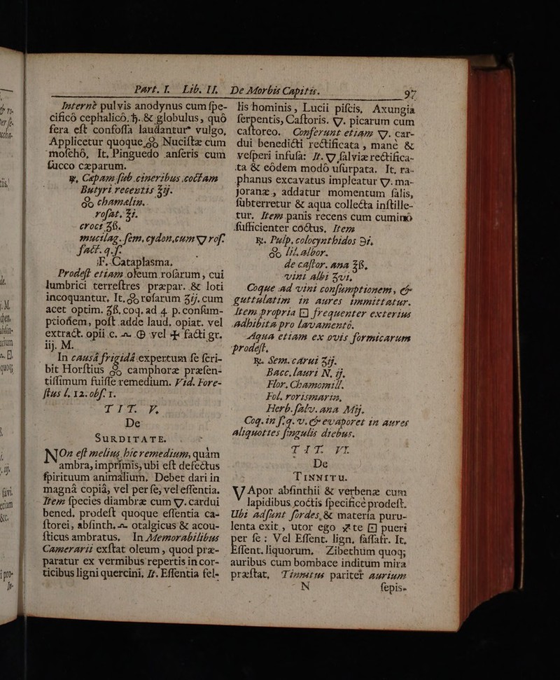 Interne pulvis anodynus cum fpe- cificó cephalicó.5..&amp; globulus, quó fera eft confoffa laudantur? vulgo, Applicetur quoque $5 Nuciítz cum mofchó, It, Pinguedo anferis cum fucco czparum. g, Capa [ub cineribus cocfam Butyri receptis £j. ó5 chamelin. ro[at, 21. croct Af. mucilag.fem,cydon,eumwg rof. JAtt. q.f. j ;F..Cataplasma. Prodeft et£ars oleum rofàrum , cui lumbrici terreftres przpar. &amp; loti incoquantur. It, S, refarum 2/j, cum acet optim. 2f coq. ad 4. p. confüm- pcoftem, poft adde laud, opiat. vel extract. opii.c. a. (D yel 4« fadi gr. dij M. .— In caz54 Jigidd expertum fe fcri- do camphorz przfen- tiffimum fuiffe remedium. 774. Fore- ftus £4, 32. obf. 1. T P de De SuRDITATE. Oz eft melius híc remedium, quàm ambra, imprimis; ubi eft defectus fpirituum animalium, Debet dari in magná copià, vel per fe, vel effentia. Item fpecies diambrae cum sg. cardui bened, prodeft quoque effentia ca- ftorei, abfinth, - otalgicus &amp; acou- Íticus ambratus, | In ZZemorAabilibus Camerarii exftat oleum , quod pra- paratur ex vermibus repertis in cor- ticibus ligni quercini, 7r. Effentia fel- 97 lis hominis, Lucii pifcis, Axungia Tam Caftoris. V7. picarum cum caltoreo. Cozferunt etiam XJ. car- dui benedicti rectificata , mane &amp; vefperi infufa: 7r. v7 falviz rectifica- ta &amp; eodem modo ufürpata. It, ra- phanus excavatus impleatur v7. ma- Joranz., addatur momentum (àlis, fübterretur &amp; aqua collecta inftille- tur, 7e panis recens cum cuminó fufhcienter coctus, 7e Rt. Puélp, colocyntbidos Bf. Go [74 albor. de caftor. ana 2$. vint AÍbi Zur, Coque d vint confamptionem , eb guttulatim in aures unmittatur. Item propria E] jrequenter exterius Adbibita pro lavamenté. Qua etLam ex ovis formicarum prodeft, Rh. S821. cAY ui 5j. Bacc.lauri N, ij. Flor, Chaenomitf. Fol, rorissmarta, Herb.fAatv. ana My. Coq. 1n f.q. v. C evaboret tm aures Aliquottes fingulis diebus. V MC Pg RIS a De T iNNITU. Apor abfnthii &amp; verbenz cum lapidibus coctis fpecificé prodeft. Ubi adf[znt fordes,&amp; materia puru- lenta exit , utor ego jte [:] pueri er fe ; Vel Effent. lign, faffatr. It, flent.liquorum, | Zibethüm quog; auribus cum bombace inditum mira preítat, T»muius paritet aurium N fepis-