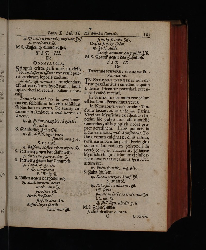 y. eontraputred.gingivar uj 4. cotbleari&amp; 2, M.S, Guffetlid) Stunbteaffet. 4 14. IIl De OpoNTALGIA: fed defferaiffimis convenit pue- ris cerebrum leporis coctum. 42 dolor eft ntmius, confugiendum eft ad extractum hyoícyami , laud, opiat. theriac. recens , balfam, odon- talg. dransplantationes in avellanam nucem feliciffimó fücceffu adhibitas fepius fum expertus, De transplan- tatione in fambucum ;/4, Becker iz AMiteroc. - Y-- jo flat. camphor. 4 guttis Zv. ad x. E. au deft ill, [gni buxt fancti ana g, v, ! S. ut anté, y. Bal/fymi Noftri odomtAlgici, 2. S. Patttverg gegen Das Babntoeb, RW. Sofirelie parva Aug. 2j. S. Patttoerg gegen ba$ Sabnmoeb. Rt. Laud, op.gr.2i, €. do cAmpbor&amp; F. Pilula'ij. $, SWillett gegen baé 3abntoeb. R. &amp;Ad, lapatbi acuti urtic. Ana £1, retbri £(5, Berl oru ferpil ana Mi. Rafür. ligni fancti &amp;uxi ana 26, Jem. byofc. albi 25j.. Coq. 1n f- q. N7. Colat. X. Zvi, .Adde Syrtp. aromAt.caryophifi. Zi. M,S. Stand gegen ba8 Sabntocb. T ITWIF De DrNTIuM sruPORE , STRIDORE SC . NIGREDINE, A IN STUPORE' DEN-TIUM non da- tur przftantius remedium, quàm fi dentes fricentur portulacá recen- ti. vel caíeó recenti, In SrRIDoRE optimum remedium eftBalfamusPeruvianus verus. In NicnEDINE veró prodeft Tin- €ura lacce, ex O &amp; o. Farina Virginea Mynfichti ex filicibus: In- terim hic pulvis non eft quotidié fümendus , alias gingivis nocet pro- ter acredinem.: Lapis pumicis in acte extinctus, v7, Atyzficbtus.'Te- fte ovorum calcinatz, cinis tabaci, rorismarini, cruftz panis. Freitagius commendat radicem polypodit in acetó &amp; -—. 4. macerati, TJ. lacce Mynfichti fingulariffimum eft inFoz- TORE GINGIVARUM; fumus 4ris, CC. uftum &amp;c. &amp;. Pulv. dentifr, Aug. iv. S. 2abnuloer. | x. Fartz. virgtn. Mynf. 26. S. ut ante, X. Pul. filic. caleinat. 28. Off. fepia pumicin lacte extincf.ana Zu CC, uff. 27. oo Pi, lign. Rhodii g, 6. Valdé dealbat dentes. O R.FAr in,