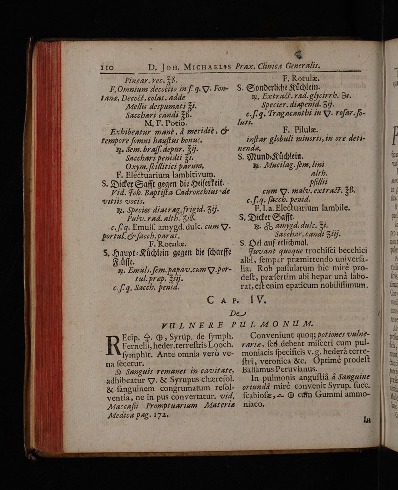 IIO — Pinear. ec. 55. F,Orisium decocíto 12 f. q. N7. Fon- tana, Decot?. colat. adde Mellis despumati 51. Sacchari candi 26. M, F. Potio. Exhibeatur man ,Á4 meridie , e tempore fomni bauftus bonus. R&amp; Sez. br a[f. depur. 21]. Sacchari penidii 21. O»xym. fcullitict parum, F. Eléctuarium lambitivum, S. SSyicfer Gafft aeaen bie Jeifecteit. Vid. Tob. Baptifta Cadroncbius *de 115 v0Cts. K,, Species diatrag.frtgid. 55. Pulv.raAd. jn 2f. c. f- g. Emuif. amygd. dulc. cu V7. portul, e facch.parat, F. Rotulz. S, jjauptzeüdblein. gegen. bie fcbarffe S.üffe. &amp;. Emuls.fem.papau.cum N7.por- tul. prep. 5:5. c. f- g. Sacch. penid. aevo « UL i EIS Es F, Rotulz. S. Conberticbe eücblein. E. ExtrAGÉ. rad. glyctrrb. 92. Specier. diapenid. 3j. c.[- 3. Tragacantbi in NJ. rofar. fo- luti. F. Pilulz.: inflar globuli minoris, tn ore deti- nenda, S. Stunb«seüdbtein. Rt. ZMucilag. fem, limi Alt b. pfi cum NJ. malv. extract. 21. c. f.3. [accb. I F.l.a. Ele&amp;tuarium lambile, S, Syid'er Coafit. E. GS Aptyad. dulc, 21. Saccbar.candt Sig. S. £vel auf etficbmal, Twvant quoque xrochifci becchici albi, fempcr przmittendo univerfa- lia, Rob paffülarum hic miré pro- deft, przfertim ubi hepar unà labo- rat, eít enim epaticum nobiliffimum, | V. Fernelii, heder.terreftris Looch. fymphit. Ante omnia vero ve- na fecetur. Si Sanguis remanet in cavitate, adhibeatur X7. &amp; Syrupus chzrefol. &amp; fanguinem congrumatum refol- ventia, ne in pus convertatur, «v/4. Maccafü Promptuarium | Materia Medica pag. 172. Ré e. Q, Syrüp. de fymph. Conveniunt quoq; potzontes vulze- raris, fed debent mi(ceri cum pul- moniacis fpecificis v. g. hederà terre- ftri, veronica &amp;c, Optime prodeft Balfàmus Peruvianus. In pulmonis anguftià 4 Sawgurne oriundá miré convenit Syrup. fucc, (cabiofz,- (p cim Gummi ammo- niaco. Dont pum I tuf [lr fru (n hh