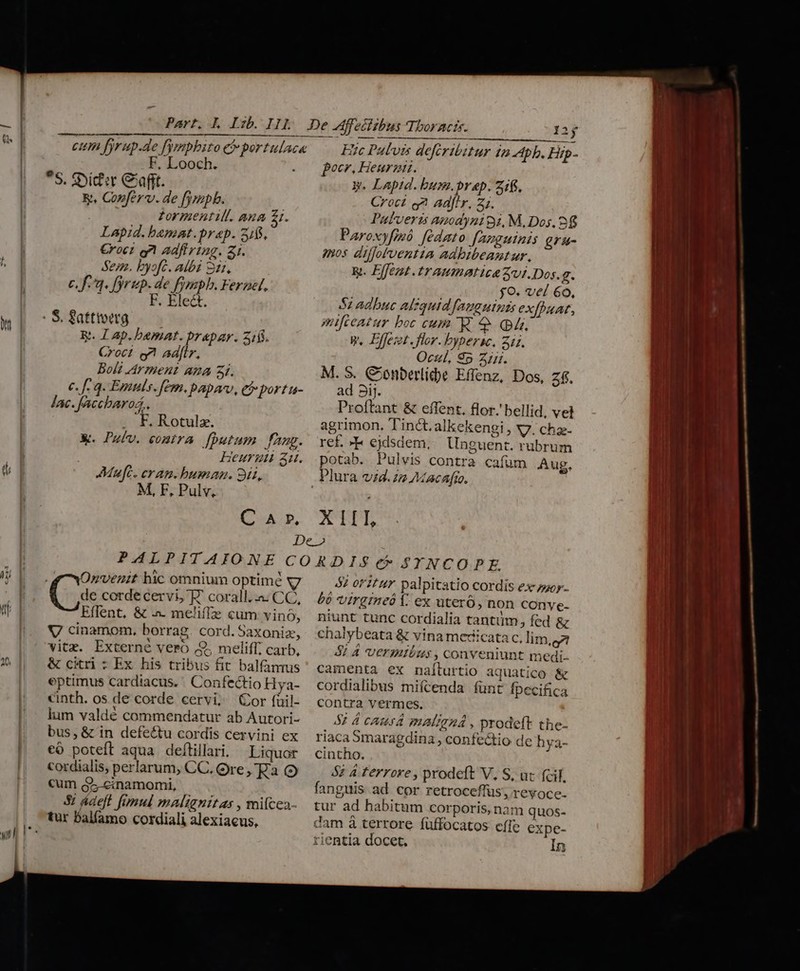 cum fyrup.de fymphito e portulaca F, Looch. *S. SOit':r Cofft. E, Conferv. de fymphb. : Zormentill. aua £1. Lapid. bamat.prap. 21$, €*oct gn adfiriag. Zi. Sem. byofc. adbi Sai. c, fq. fyrup. de fjymph. Fernel, À F. Elect. E. I ap. bemat. prapar. ziii. Boli Arment ama zi. c. f- q. Emus. fem. bapmv, eb port u- lac. [accharos,, F, Rotula. &amp;. Pulv. eontra [Dutum ng. Heurgii au. Mule. eran. buman. 9d, M, F, Pulv, C Ar. 2$ Eie Pulvis defcribitur in Apb. Hip- pocr, Heurzin. y. Laptd. bum.prap. zi. Croct e? Adf'r, 2;. Patveris anodynigi, M, Dos. 26 Paroxyfmmó fedato. fAzguinis gru- mos diffotuentia Adbibeantur., g. Effet traumatica vi.Dos.g. fo. vel 6o, Sz adbuc alzquid [amgutuis exfpaat, mifccatur boc cum R. 4. Q4. y. Efjezt.flor. bypersc. Zi. M. S. C'onberlicbe Effenz, Dos, z$. ad 3ij. Proftant &amp; effent. flor. bellid, vel agrimon. T'inct.alkekengi, x7. chaz- ref. -F ejdsdem, linguent. rubrum potab. Pulvis contra cafum Aug. X III, gOnvenit hic omnium optimé v7 (s corde cervi, E corall..a: CC, Effent, &amp; .- meliffzz cum vinó, vitz. Externé vero |$; meliff carb, &amp; citri : Ex his tribus fit balfamus eptimus cardiacus.' Confectio Hya- «&amp;inth. os de corde cervi; (Cor (uil- lum valdé commendatur ab Autori- bus, &amp; in defectu cordis cervini ex có poteft aqua deflillari. Liquor cordialis, perlarum, CC, Ore »RaQo cum G2; cinamomi, $2 Adeft fimul malignitas , micea- tur balfamo cordiali alexiacus, 52 oritur palpitatio cordis ex zzey- bà virgrneó Y. ex uterÓ, non conve- niunt tunc cordialia tantüm, fed &amp; chalybeata &amp; vina medicata c, lim,gz 5; 4 vermibus, conveniunt medi- camenta ex na[turtio aquatico &amp; cordialibus miícenda fünt fpecifica contra vermes. S4 cams mAligná , prodeft the- riacaSmaragdina , confectio de h ya- cintno. $2 A terrore , prodeft V, S, uc fcil. fanguis ad cor retroceffus, revoce. tur ad habitum corporis, nam quos- dam à terrore füffocatos cíle expe- rientia docet. In citada umm notat 