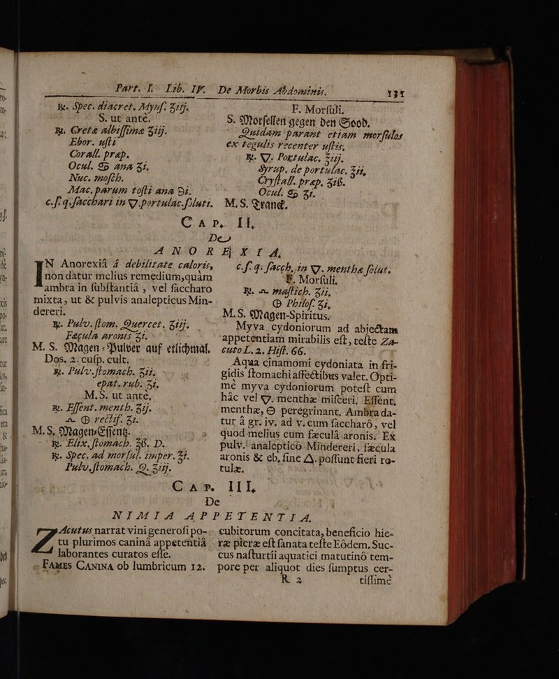| We. pec. diacret, Mynf. Zifj. B. Greta albiffime 3i. Ebor. uft; Coral. prep. Auc. 2nofcb. M Lu —Ó—— M F. Morfüli. S. Shotfelfen gegen. Den &amp;5090, ex tegulis recenter uftis, Xi. V7. Pogtulac, iij, Syrup. de portulac, 25, AMac,. parum tofli ana 8i. Ocu. 95 Zr. c.f: q.faecbari in NJ.portulac. uti. M.S. Gvand. N Anorexii 4 debilitate caloris, I» datur melius remedium,quàm ambra in fübftantià , vel faccharo mixta , ut &amp; pulvis analepticus Min- dereri, Y. Palv. [lom. Quercet. S1. Fetula aronmis 4t. | M. S. 9Xagen - SBuloer auf. etlidbtmaf. Dos. 2. cufp. cult. Xe. Palv.flomacb. 31r, | epat. rub. 3t, x. Efleut.mentb. 2j. m recttf. 31. d M.S, 9QagenGftent. &amp;. E/tx. [tomacb. 26. D. X. ópec, ad mor[ul. timper. 21. Pulv, ftomach. OQ. 2:5. Cf. 9: f'egh, iin NJ. menthe Joint. P. Morfuli. E. -- mafllzcb. 2i, (p. Pbitof. 21, M.S. $tagen-Spiritus, Myva cydoniorum ad abjectam appetentiam mirabilis eft; teíte Z- cuto L, 2. Hift. 66. Aqua cinamomi cydoniata in fri- gidis ftomachi affectibus valet. Opti- mé myva cydoniorum poteft cum hác vel 7. menthz mifceri, Effent, menthz, O peregrinant, Ambra da- tur à gr. iv, ad v. cum faccharó, vel quod melius cum fzculá aronis, Ex pulv.'analepticó Mindereri, £ecula ou &amp; eb, fine A. poflunt fieri ro- tula. tu plurimos caninà appetentiá laborantes curatos effe. Za narrat vini generofi po- FAMES CANINA ob lumbricum 12. cubitorum concitata, beneficio hic- ra picrz eft fanata tefte Eódem, Suc- cus nafturtíi aquatici matutinó tem- pore per aliquot dies fumptus cer- R 2 tiffime € e — TES I e nS -— CAR LC AC us