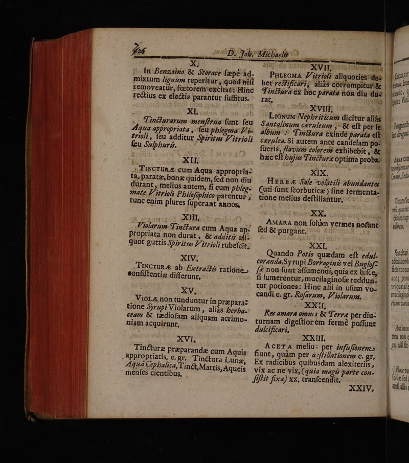 77 * In Benzoizo &amp; Srtorace [zpé ad- mixtum //ez/n reperitur , quod bi(i removeatur, foetorem'excitat: Hinc HW rectius ex electis parantur füffitus. XI 4 inciurarum menffrua (unt. feu p 4dqua appropriata ,.fau phlegma F'i- V £rioi , feu additur Spiritus 7 itrioli FUP UR feu Supburis. ANLE à XIL AO NE , TINCTUR £. cum Aqua appropria- P ta, paratze, bonz quidem, fed non diu AME | durant , melius autem, fi cum phleg- AS IBS nate P'itrioli Pbilofopbico parentur ; tunc enim plures füperant annos, | | | XII, j ] V'iolarum Tintlara cum Aqua ap: Propriata non durat , &amp; 44;/7 ali. quot guttis Spiritus Zio]; ruübetcit, XIV, D. 7o y Trixcrün e ab Extracha ratione; EM eonfiftentiz differunt, [Eh No XV s  AME Wi | VioL&amp; non tunduntur in praparaz | 1 tione 5y/z5i Violarum , aliis berba- id €eam &amp; tzdiofíam i : aliquam acrimo- ad niam acquirunr, , . | XVI, ; j | Tincturz Przparandz cum Aquis i l | appropriatis, e. gr, T'inctura Lunz, Aquá Cepbalica, 'in&amp;, Martis, Aqueis TM | meníes cientibus, . : XVIT, bet recfificayi, rat, XVIII, c&amp;rulea. Si autem ante candelam po: fueris, avum colerem exhibebit ,&amp;«&amp; hac eft bujrs Tinchurz optitna proba, XIX. HR. Sale volatili abundantes Cuti (ünt fcorbutica ) fine fermenta- tione melius deftillantur, XX. AMARA non folüm vermes necant fed &amp; purgant, SCR. Quando Potio quadam eft eZ. XX, Res amara omncs &amp; Terra per diu- XXIII, ACETA meliu: per izfzfionem » hi tranícendit, nt | CUCORDIT |j, D keit 1 git Vini Purgant i dirigunt Agit con temen (nam, 2400 lan n qu quii Quom tg Wr, Cacchári admiten ant; Doi V6 QUE alia mucihpinol phim varia ditm qiti i lux t folim (d.
