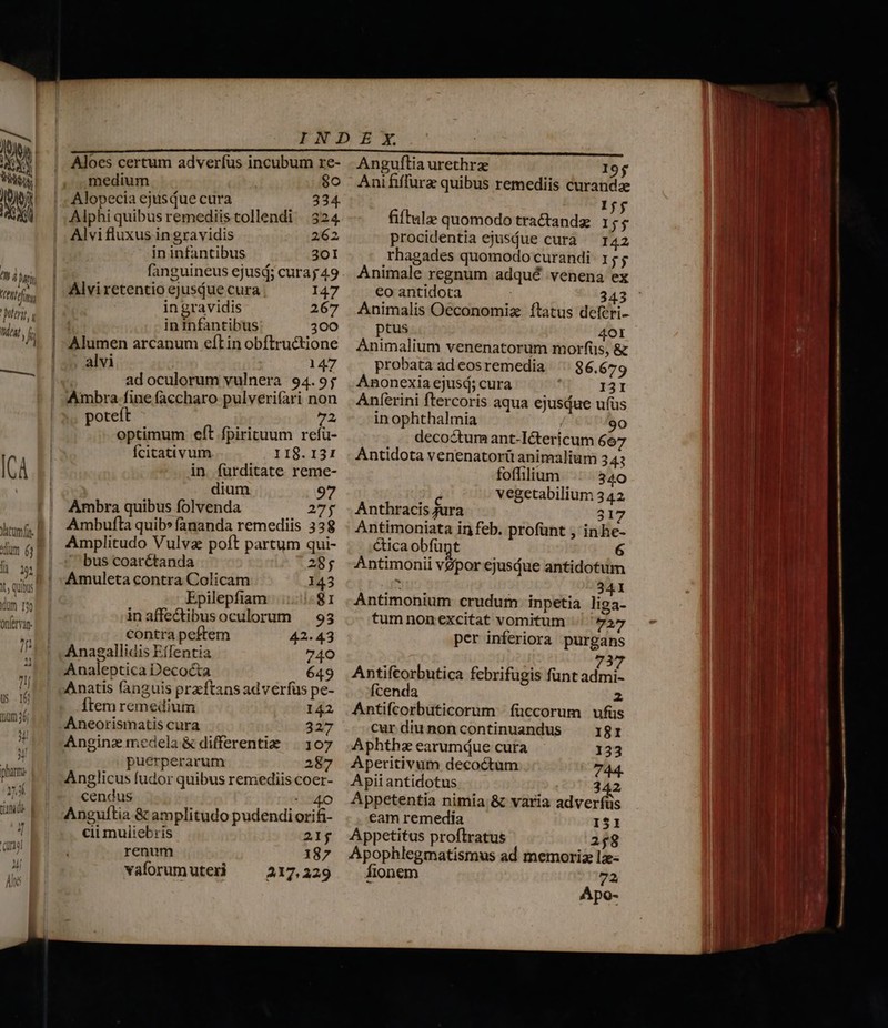 i 4// 4 Dan dx A VEPH E Der, deat f » Jy —Ó—ÀáÀ [n atum fi. dum 61 là 1 Km 13) Onfervan- m 1 us I6 mnm A. Lulli 40) 3l 5l inharmi. pham y tiani 1 (T) Ale Aloes certum adverfus incubum re- medium 8o Alopecia ejusque cura 334 Alphi quibus remediistollendi 324 Alvi fluxus in gravidis 262 in infantibus 30I fanguineus ejusd; curag 49 Alviretentio ejusdue cura 147 in gravidis 267 in infantibus 300 Alumen arcanum eítin obftructione alvi 147 ad oculorum vulnera 94.9; Ambra fine faccharo pulverifari non poteft 72 optimum eft fpirituum refü- fcitativum II8. 131 in. fürditate reme- dium 97 Ambra quibus folvenda 275 Ambufta quib» fananda remediis 338 Amplitudo Vulva poft partum qui- bus coarétanda 25$ Amuleta contra Colicam 143 Epilepfiam 81 inaffectibusoculorum — 93 contra peftem 42.43 Anagallidis Effentia 740 Analeptica Decocta 649 Anatis (anguis przftans adverfus pe- ftem remedium 142 Aneorismatis cura 327 Anginz medela &amp; differentiae | 107 puerperarum 287 Anglicus fudor quibus remediis coer- cendus 40 Anguftia &amp; amplitudo pudendi orifi- cii muliebris 21$ renum 187 vaforum uteri 217,329 Anguftia urethrz I9$ Ani fiffurz quibus remediis curanda I fiftula: quomodo tractanda ul procidentia ejusdue curà — 122 rhagades quomodo curandi 15$ Animale regnum adqué venena ex €o antidota 343 Aes l 43 Animalis Oeconomiz ítatus deferi- ptus 4OI Animalium venenatorum morfus, &amp; probata adeosremedia ^| 86.679 Anonexia ejusd; cura 13I Anferini ftercoris aqua ejusdue ufus in ophthalmia 90 decoctum ant-Ictericum 667 Antidota venenatorü animalium 343 foffilium 340 é vegetabilium 342 Anthracis Jura 317 Antimoniata infeb. profünt , in he- ctica obfüpt 6 Antimonii vgpor ejusque antidotum uu : 341 Antimonium crudum. inpetia liga- tum non excitat vomitum '/ 955 per inferiora purgans ) T 737 Antifcorbutica febrifugis funt admi- Ícenda 2 Antifcorbuticorum | füccorum ufus cur diu non continuandus I81 Aphthz earumdue cura 133 Aperitivum decoctum 744. Apii antidotus 342 Appetentia nimia &amp; varia adverfüs eam remedia 151 Appetitus proftratus 258 Apophlegmatismus ad memoriz lz- fionem 72 Apo-