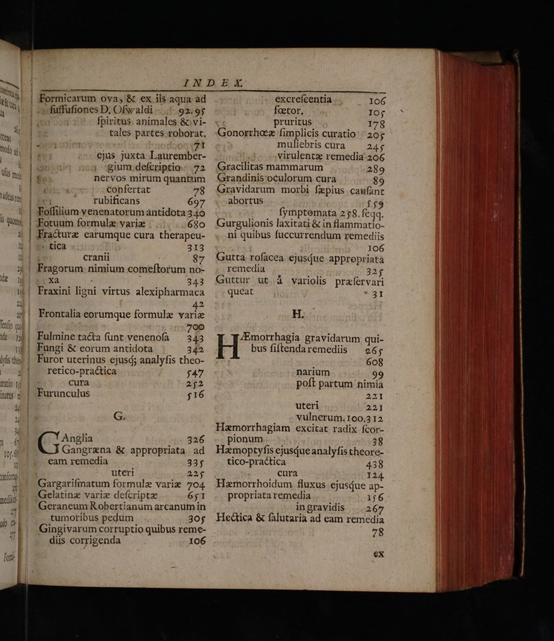 ig (T ——— Formicarum ova, &amp; ex iis aqua ad fuffufiones D, Ofwaldi 92.95 fpiritus. animales &amp; vi- tales partes roborat, ejus juxta Laurember- gium defcriptio... 72 nervos mirum quantum confertat 78 rubificans 697 Foffilium venenatorum antidota 340 Fotuum formulz: varia 680 Fracturz earumque cura therapeu- « tica 313 cranii 87 Fragorum nimium comeftorum no- Xa 343 Fraxini ligni virtus alexipharmaca 42 Frontalia eorumque formule variz 700 Fulmine tacta funt venenofa — 343 Fungi &amp; eorum antidota 342 Furor uterinus ejusó; analyfis theo- retico-practica $47 cura 252 Furunculus $16 G.. Anglia 326 Gangrana &amp; appropriata ad eam remedia 33$ uteri 22$ Gargarifmatum formule varie 704 Gelatinz variz de(ícriptz 651 Geraneum Robertianum arcanum in tumoribus pedum 30g Gingivarum corruptio quibus reme- diis corrigenda 106 excrefcentia 106 foetor, IO$ pruritus 178 Gonorrhoez fimplicis curatio ' 20$ muliebris cura 245 virulentz remedia 206 Gracilitas mammarum 289 Grandinis'oculorum cura $9 Gravidarum morbi fxpius caufant abortus ;;9 fymptemata 258. feqq. Gurgulionis laxitati &amp; in flammatio- ni quibus fuccurrendum remediis | 106 Gutta rofacea ejusQue apprepriatá remedia 32$ Guttur ut à variolis praíervari queat 31 H. 4Emorrhagia gravidarum qui- bus fiftendaremediis — e6; ) 608 narium 99 poft partum nimia 231 uteri 221 vulnerum. 100,3 12 Hamorrhagiam excitat radix fcor- pionum 28 Hamoptyfis ejusdue analyfis theore- tico-practica 438 cura 124. Hamorrhoidum fluxus ejusdue ap- propriata remedia 156 in gravidis 267 Hedica &amp; falutaria ad eam remedia 78 ex