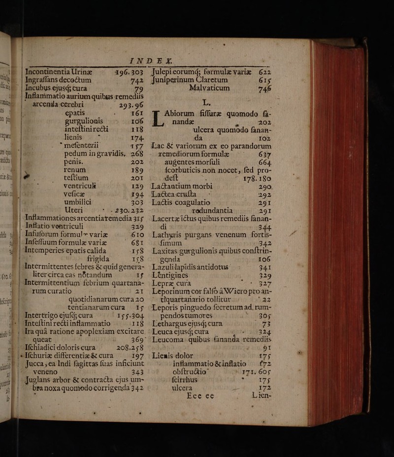 IN D E X. —- Sas A Rd. ERGPOEAS UIT TAN GN SG |. | Incontinentia Urinze 196.303 ]ulepieorumq; fermulz varim 622 WE. | Ingraffans decoctum 742 juniperinum Claretum 61g Uu | Incubusejusd; cura 79 Malvaticum 74$ E |Inflanmatio auriumquibus remediis ! UU | arcenda cerebri . 293.96 L. un BI 5 E epatis «(X61 Abiorum fiffure quomodo fà- | AMI u X gurgulionis Io6 nandz 2 202 Il | inteftini recti 118 ulcera quomodo fanan- | mu | lienis ; 174. da IO2 BEI * mefenterii 157 Lac &amp; variorum ex eo parandorum mo | pedumingravidis, 268 . zxemediorumformule ^^ 637 Wh | penis. 201 augentes morfüli 664. E 3r renum 189 Ícorbuticis non nocet; fed pro- wir M . teftium 201 deft 178.180 | ventricuk 129 Lactaatium morbi 290 um vefice 194 Laé&amp;teacrufla — - 292 umbilici 303 Lais coagulatio 29I | Uteri * 5212301232 redundantia 29I h Inflammationesarcentiaremedia31; | Lacertz ictus quibus remediis fanan- | Inflatio ventriculi 329 di 344. ih x91 Infuforum formul^ variz 610 Lathyris purgans venenum fortis- 1$ | Infeffuum formule variz 681 fimum 342 y | Intemperies epatis calida 1;8 Laxitas gurgulionis quibus conftrin- n | frigida 158 genda 106 T | Intermittentesfebres &amp; quid genera- | Lazulilapidis antidotus 341 | n litercirca eas nBtandum 1$ Léntigines 329 (^ | Intermittentium febrium quartana- | Leprz cura Vorst: bra | rum curatio 21 Leporinumcor falfo àW/iero proan- hip | quotidianarum cura 20 tiquartanario tollicur $42 Wb m tentianaruamcura — I$ Leporis pinguedo fecretum ad. rum- M M Intertrigo ejuíd; cura 15.304 pendostumores 1URSÓS 38 Inteftini recti inflammatio rII8 Lethargusejusd; cura 73 o5 5E? Iraquá ratione apoplexiam excitare. | Leucaejusd;cura — «10324. | queat 369' Leucoma quibus (ananda remediis I(chiadici doloris cura 208.258 9I sF ie Mfchuriz differentiae &amp; cura I97 Lienmis dolor 17j ' | wu». Jucca; ea Indi fagittas fuas inficiunt inflammatio &amp;inflatio ^ 72 Di WIL veneno 343 obftru&amp;io 171. 6o Wi sit Juglans arbor &amp; contracta ejus um- Ífcirrhus rovg ] Í i bra noxa quomodo corrigenda 34.2 ulcera 172 NI ri Eec ce L ien- o In |l