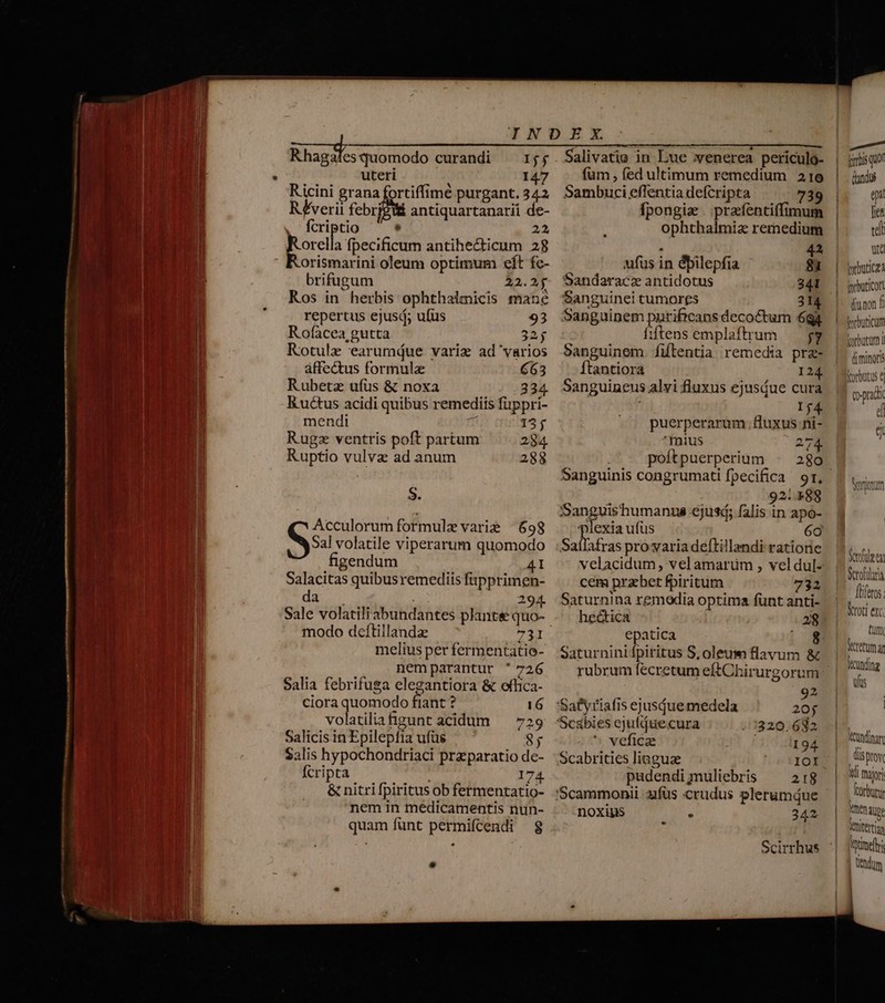—- c - * A — ucc RE LACWRUTI GET —€— e am MÀ Rhagales quomodo curandi uteri R&amp;verii febri antiquartanarii de- , fcriptio s 22 Rorella fpecificum antihecticum 28 Rorismarini oleum optimum eft fc- brifugum 22.2 Ros in herbis ophthalmicis mane repertus ejusd; ufus 93 Rofàcea gutta 32$ KRotulz 'earumiue varie ad varios áffectus formule 663 Rubetz ufüs &amp; noxa 334 EK uctus acidi quibus remediis füppri- mendi 13; Rugz ventris poft partum 284. Ruptio vulva ad anum 288 Acculorum formule varie | 698 Sal volatile viperarum quomodo figendum 41 Salacitas quibus remediis fispprimen- da 294. modo deftillanda 731 melius per fermentatio- nemparantur * 726 Salia febrifusa elegantiora &amp; eflica- ciora quomodo ftant ? 16 volatiliafigunt acidum — 729 Salicisin Epilepfia ufüs 8y Salis hypochondriaci przparatio de- fcripta 174. &amp; nitri fpiritus ob fermenratio- nem in medicamentis nun- quam fünt permifcendi 8 Salivatio in Lue :venerea periculo- fum , fed ultimum remedium 210 Sambuci effentia defcripta 739 fpongia . prafentiffimum ophthalmiz remedium PER. 45 ufus in dpilepfia 8i Sandarace antidotus 341 Sanguinei tumores 314 Sanguinem pnrificans decoctum 6g íitens emplaftrum — 53 Sanguinem. fiflentia remedia prz- Ítantiora 124 Sanguineus alvi fluxus ejusiue cura 154 puerperarum. fluxus ni- mius 274 poft puerperium Sanguinis congrumati fpecifica 9r, 92. 88 nn ufus o SaíTafras pro varia deftillandi ratiorie velacidum, vel amarum , vel dul- cem przbet fpiritum 732 Saturnina remedia optima fünt anti- he&amp;ica 28 epatica *. Saturnini fpiritus S, oleum flavum &amp; rubrum fécretum eftCbirurgorum 2 'Safyriafis ejusdue medela M Scábies ejuluecura .:3320. 682  veficz 194 Scabrities liaguae IOI pudendigmuliebris — 218 noxius : E 342 Scirrhus — dandus ei [ten tel ut üitnon f dimingris Qo-pradit Ü d Usus nay NU del Serofira fliferos: Cum Retetum at jicundin fts | heundinar dis prow Xd major orb Mnenaupe Yaitertian inel tdm