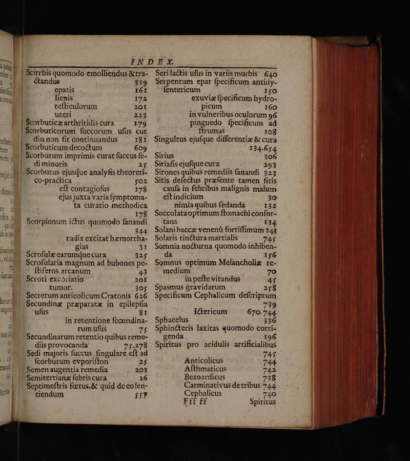 Oum ( rm Dena l H / ISQtt C n ^ S AI X 4 ho JE ECODE »al dn | ) Wi QU B^ i füntani Scirrhis quomodo emolliendus &amp;tra- Ctandue 319 epatis 161 lienis 172 tefticulorum 20I | uteri 223 | Scorbuticz arthritidis cura 179 | Scorbuticorum füccorum ufüs cur |. diunon fit continuandus I8I | Scorbuticum decoctum 609 | Scorbutum imprimis curat fuccus fe- | diminoris 2$ | Scorbutus ejusdue analyfis theoreti- Co-practica jo2 eft contagiofus 178 ejus juxta varia fymptoma- ta curatio methodica 178 Scorpionum ictus quomodo andi ins 144 radix excitat hemorrha- gias 31 Scrofulz earumdáue cura 32$ Scrofularia magnum ad bubones pe- ftiferos arcanum 43 Scroti excoriatio 201 tumor. 3o0f Secretum anticolicum Cratonis 626 Secundinz praparatz in epilepfia ufus 81 in retentione fecundina- rum ufus 7j Secundinarum retentio quibus reme- diis provocanda 7.278 Sedi majoris fuccus fingulare eft ad fcorbutum evporifton 2j Semen augentia remedia 203 Semitertianz febris cura 26 Septimeftris foetus,&amp; quid dc eofen- tiendum $7 Serilactis ufüs in variis morbis 640 Serpentum epar fpecificum antidy- fentericum IjO exuviz fpecificum hydro- picum 160 in vulneribus oculorum 96 igguedo fpecificum ad rumas 108 Singultus ejufque differentiae &amp; cura 134.654 Sirius 306 Siriafis ejufque cura 293 Sirones quibus remediis fanandi 323 Sitis defectus prafente tamen fitis caufa in febribus malignis malum eftindicium 20 nimia quibus fedanda 132 Soccolataoptimum ftomachi confor- tans I34. Solanibaccz venenü fortiffimum 343 Solaris tinctura martialis 7 Somnia nocturna quomodo inhiben- da If6 Somnus optimum Melancholiz re- medium 70 in pefte vitandus T. Spasmus gravidarum 2$8 Specificam Cephalicum defcriptum 73 Ictericum 670. iE Sphacelus 336 Sphincteris laxitas quomodo corri- genda 196 Spiritus pro acidulis artificialibus 5 m. 74$ Anticolicus 744. Afthmaticus 742 Bezoardicus 738 Carminativus detribus 744. Cephalicus 740 Fft ff Spiritus