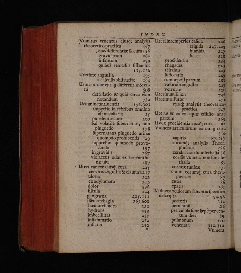 Vomitus cruentus ejusd; analyíis theoretico practica 467 , ejus differentize &amp; cura 136 gravidarum 260 infantum 299 quibus remediis fiftendus I35,136 Urethrz anguftia 195 àcalculisobftru&amp;tio — 194. Urinz ardor ejusd; differentia &amp; cu- ra 608 deítillatio &amp; quid circa eam notandum 732 Urinz incontinentia 196.303 infpectio in febribus omnino eft neceffaria Ij purulentz cura 200 Sal volatile füpernatat, non pinguedo 178 fupernatans pinguedo urinz quomodo prohibenda ^ 29 fuppreffio quomodo provo- canda 197 in gravidis 267 violaceus odor ex terebinthi- nz ufu 187 : Uteri cancer ejusd; cura 22y cervicisangultia &amp; claufura 2 17 ulcera 222 condylomata 219 dolor 2336 fiftula 224. gangrana 22.111 hemorrhagia . 265.608 hamorrhoides 22I hydrops 233 imbecillitas 23$ inflammatio 232 inflatio :230 N frigida :227.229 humida 227 ficca 228 procidentia 1 234 rhagades 223 fcirrhus EL füffocatio 249 tumor poft partum 283 vaforum anguíLia 219 verrucae 220 Uterinum Elixir 746 literinus furor 2j ejusj; analyfis theoretico- practica $47 literus &amp; ex eo aqua effufio ante partum 269 lvez procidentia ejusd; cura - 92 Vulnera articulorum. eorumá; cura 310 Capitis 87.317 eorumá; analyfis 'Iheor. practica 586 cerebri non funt lethalia 86 cordis vulnera non fünt le- thalia 87 cornea tunicae 9I cranii eorumd; cura thera- pevtica 87 cutis 86 epatis t UNE Vulnera oculorum fanantia fpecifica i 1 ma ——— — defcripta 94.96 pectoris 312 pericranii .86 periculofa funt (epe per cen- tum dies 89 | pulmonum 1IO venenata 310.312 Vulnera l Wuscoatt —————