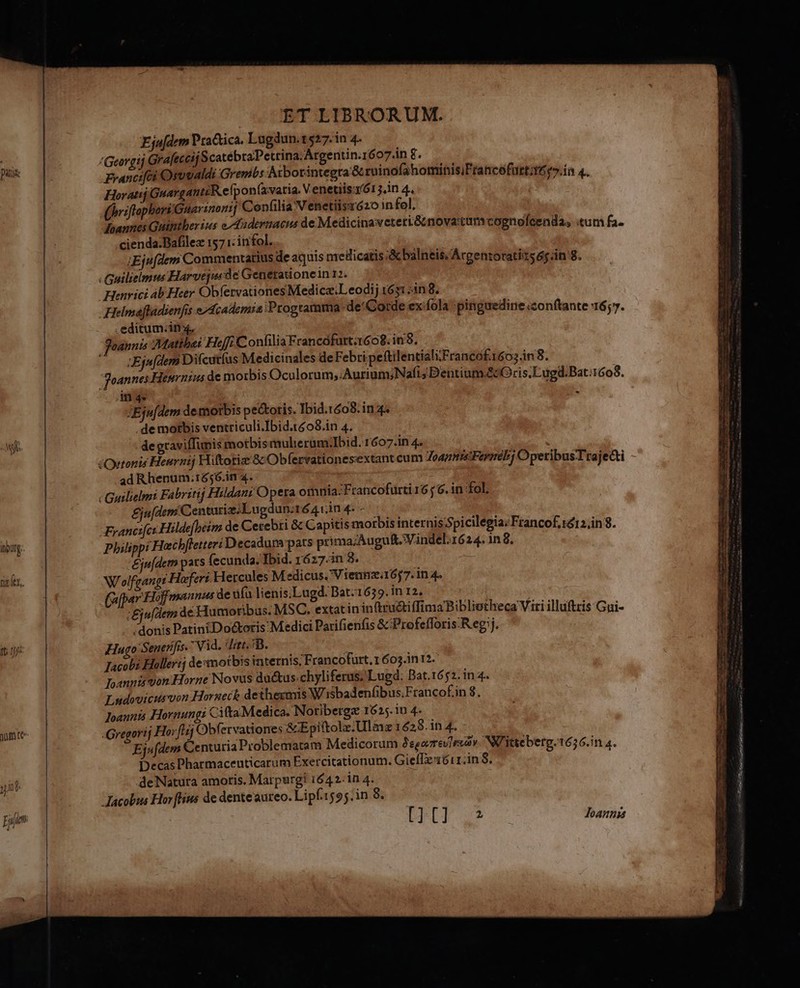 Eju[dem Practica. Lugdun.1527.in 4. /Geargij Grafeccii ScatébraPettina.Árgentin.1 607.Àn €. Francifci Osuvaldi Grembs Ar:borintegta&amp; ruinofahomtinisiFrancofurtae».in 4. Horatij Guargantc Re [pon(avatia. V.enetiisz61 3àn 4. (hrriflophariiGuarinonij 'Cenfilia Venetiisrózo in fol, doannes Guintherius edudernacts de Medicinaweteri8tnova:tum cognofeenda, «tum fa. cienda.Bafilex 157 1: infol. :Ejufdemm Commentatius de aquis medicatis;&amp; balneis; Argentorati, 65.in 8. . Guilielmus Harvequsde Genetaionein 12. Henrici Ab. Heer Obfetvationes MedicaLeodij 1631 ;in 8. Helmafladienfis e/Academia Programma -de*Corde ex fola pinguedine conftante 16;7. .editumzinx, Joannis Mathe: Heft Confilia Francófutt.1608. in 8. (— 4Ejnfdem Difcutíus Medicinales de Febri.peftilentiali'Franco£1603 in 8. oannes Hesrnius de morbis Oculorum,.AuriumiNaf(i, Dentium.&amp;cOris.Lugd.Bat:1608. in 4. i; : XEjufdern de morbis pecoris. Ibid.1608.in 4. . de motbis ventriculi.Ibid.r608.in 4. de graviffunis motbismulierüm:Ibid. r607.in 4. : cOstonis Heurzij Hiftoriz &amp; Obfervationesextant cum ToapnistFernélj OperibusTraje&amp;ti -adR henum:1656.in 4. | c Guilielmi Fabritij Hildani Opera omnia:Francofurti 16; 6. in fol. £jufdem Centuria. Lugdun: r6Avin4. - Francifci. Hilde[beim de Cetebti &amp; Capitis morbis internis;Spicilegia;Franco£.ré12.in 8. Philipp: Hechfletteri Decadum pats prima/Auguft. Vindel. 624. in 8. eju[dem pats (ecunda. Ibid. 1627.in 3. Wolfgang: Horfert. Hercules Medicus, Viengz.16, 7. in 4. (afpar Hog mannus de ufa lienis.Lugd. Dat.1639.in 12. ejufdem de Humoribus. MSC. extat in in(tru&amp;iffima Bibliotheca Viri illuftris Gui- donis PatintDo&amp;toris Medici Parifienfis &amp; Profefloris:R eg j. Hago Senefifis. Vid. drtt. B. | Iacobi Hollertj de:motbis internis; Francofurt.1603.in 12. Toannis uon Horne Novus du&amp;us.chyliferus; Lugd: Bat.1652. in 4. Ludovicusvon Horseck dethermis Wisbadenfibus.Francof.in 8. loannis Hornungs Cifta€Medica. Noribergz 1625. io 4- Gregorij Hor ftrj Obfervationes &amp;zEpiftolz.Ulinz 1628. in 4. - Ejufdem Centuria Problematam Medicorum Pegovresirváy NK itte berg. 1656.in 4. Decas Pharmaceuticarum Exercitationum. GielTe1611;in 8. Jacobus Hor [Hus de dente'aureo. Lipf.1595.in 8. [16] loanus pot rie DER Cm Cms ERU S mE rem i Prae crie aet