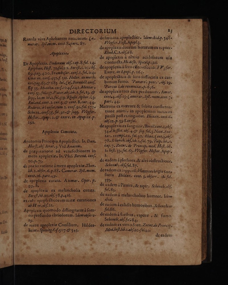 Ns. &amp; 1j ntf. bali.  For: j - T. T. Parthol, ferio. Ih tr etrtmo, s Det, hemana fehenah, lli 09 hl Vs M, y Ranula viva Aphtharum anuuoton. (4- puerar, Sylenctu. eut. 8«part, 87. dpoplexiae De Apoplexia. Dodonaus obf. cap. 8.fol. 14. Epiphan, Hifl, 2 Yefol.211. Forefl-l. 1c Pb. 69.pag. 4.30. Frambe[ar. con[. I. fol, 14 Gua in. conf. 4524f. 513. Holler. de morb. iifepag.63. C7 685. Iul. (f. Benedistt. conf. Sp 35. AMeceha. con [.10 4«f 142. Montatre £otif. 53. fol137 P/ater.ob[ iib. Y. fol, 13. Cir feqqe ldem abun. fol.33 9. Rhbafis Aphbor. l3. Ruland. cent. 2. 6ur.5. Q9 cent. S. Cur. 4 4. Roderic, a Fon[ce.tom.2. con[. 91efol. 272» Schoitz.. con[-3$. fol. 91« feqqe. PVepfer- Hiflor. Apopi. 2. * exerce, 1m Adpoplex.p. 191. À poplexia Comitata. Ánatoria Principis Apoplectici. Ie. Daz. Horfl. obf. Anat. 3. Vid. Amatome de przparatione ad venefectionem in metu apoplexizs Io, Pbi], Berend. cenf. 10.p« 75. dc przíervatione à metu apoplexia.7 oz. lib. 2. obfer. 6. p.88» Camerar. Syll. mem. 6€ent. 16. part.a 9. de apoplexia curata. Amar. Oper. p. 99» Us de apoplexia ex melancholia curata. Forefl Jib .Xo.0b[ 7 .p. 416. ex caf': apople&amp;ticorum mira. curationes ab H er. obf. 11. Ápoplexía quomodo diftinguaturà fom- noprofundo cbrioforum. Idem ebferv- 1g. de do apoplexie Confilium, | Hildes- heim» Spzesieg.€4f.507-( $45- de faemina apople&amp;ices Idem ibid.p. 54€» VPepfer.Eis[l Apopl.3. deapoplexia duarum horarum ex Váporce Rhod.C.1.ob[.68. de apoplexia à nimio acidularum u(u contrata. z/de[b. Spictlp.s26. deapoplexiaà fero e£eive(cente FF fer. Exerc. 3n Apopi. p. 264. de apopleeticis &amp; ícro fuffocatis ex car- bonumfumo. *azaro! pent«: obf. 19. CParcus l.de rentnciat, f»656« deapoplexiatres dies perdusante, Azar, Certa 4. 0b[ 723» ((amserar, Syll. maem .cent.7 » part» 44. Matrona ex maerore &amp; fubita confterna- tione animis in apoplexiam inciüens pauló poft extinguitur. Zy/aaz. cezi.6. ob[.12. p. $9 S. fol. de apoplexta ex fanguin Ce Borell.cent.2,obf, 34 «Chnfflet. obf. 4. feq. fol. 3-INicol. Fon - LAr« exempl«Yz, fol.30. Roa. ('ent.s.obf. 78e Scheneh. obf e hb. v fol. 79. TAulpe lib, t. €A4p.7 « ZACHI, de Princtp, med. Hift. at. Ye Piff. 33» fol. 62« Vl'epfer. Hiflor. Apap/, t. de eadem à plethora.&amp; alvi obftru&amp;ione, Scheneb, ob fol. 87. deeadem ex LuppieffaFiemorrbagia TUM fueta | Hildaz. cent. 3» obfere,. AL» fof. de eadem à l'ituita , &amp; aque. Scbencb, obf. fel. 85. de eadem à melancholico humore, Iden | ibid, de eadem à calidis humoribus . Scbenchro fo-86. | de eademà flatibus , vapore , &amp; fumo. Sebeneh obf fol 84. de eadem ex vinrodore. Zacut.de Principe Med. bif lib.x.obf.xo . fol.xo« de eadev: Vm reme PI Creo s Eta nee Legge eno i rta IT rom d e edm me e e ed RA LAU fiL iR PUER