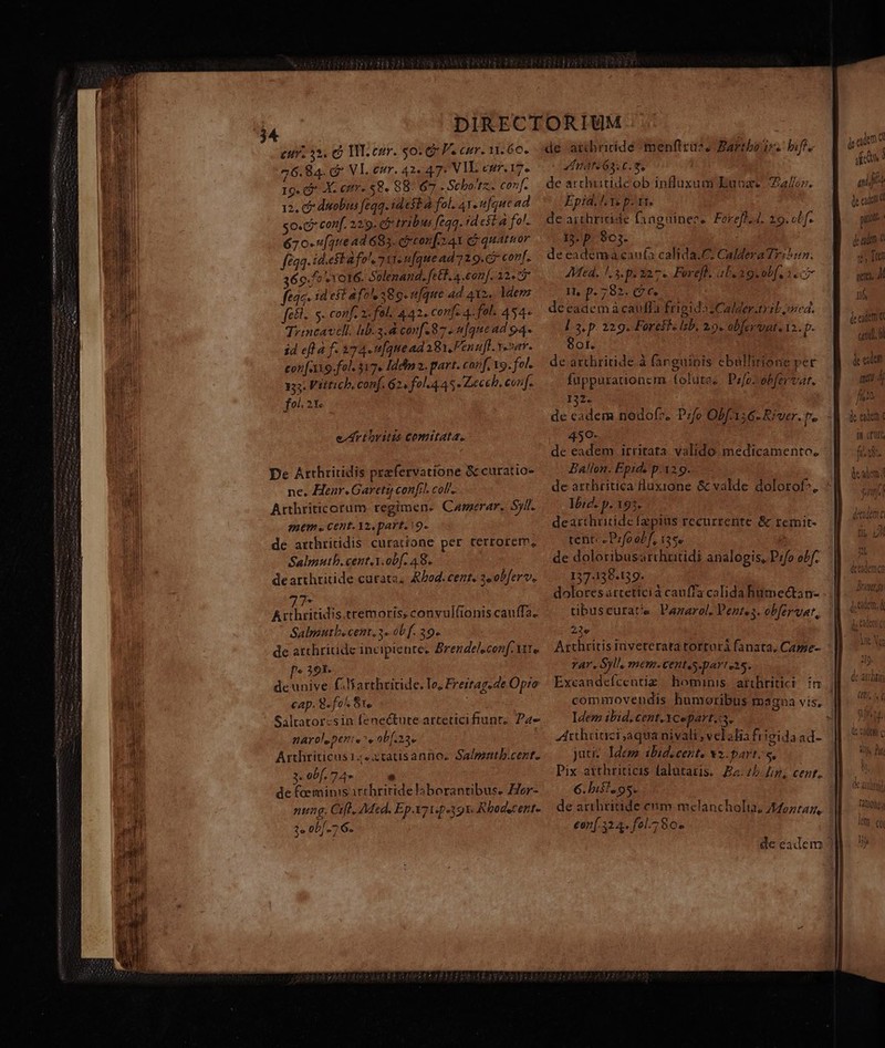 eur. 32. Ó Tli esr. 5o: T. cur. 11.66. 76.84. c Vl. enr. 42« 47- VIE czr.17.« 19. &amp;* X. ctt. 58. 88: 67 . Scho'tz. conf. 12, C dmobus feqq. id est à fol. ATenfque ad go«G conf. 22:9 ei tribus feqq. id eft à fo! 670. (te 4d 685. drconfai (quatuor feqq. id.est afl. 5 ae nfque ad'719.c conf. 369. -Yor6. Solenand. fett. 4 .eonf. 12. 5 feac. id est afe 389. ufque ad 412, ldepz fé&amp;l.. S. conf. 2. fol. 442. conf. 4. fol. 454 Trincavcll. hb. a.d conf. 87. n[que ad 94 id efl à f: 1374. u[que ad 38, P'enufl. Y»»ar. confaio.fol. 317. Idein 2. part. canf, xo. fel. 135. Véttich. conf, 62» fel. 445 Zecch, conf. fol. 2x e Atbritis Comitata. De Arthritidis prefervatione &amp;curatio- ne. Hear. Garetij conf) coll. Arthriticorum regimen. Camerar. Syl. mem « Cent. Az, part. 9. de arthritidis curatione per terrorem, Salmutb.cent. Y. obf. 4.8. de arthritide curata, &amp;Zod. cent. 3e obferv. 77* 2 xu Arthritidis.tremoris; convulfionis cauffa. Salmutb. cent, 3« ob f. 39. i; de archritide incipiente, Brendel.conf. Atte « 391. deunive f. arthritide. Io, Freitag.de Op:o cap. 8. fo Se Saltatorcsin fenecture artetici fiunt, Pa- narole pente, ob[.23« Arthriticus 14. 3tatisanno. Salpatthb.cent. so. 74. ^. de feminis irthriridelaborantibus. Zer- nung. Cifl. Med. Ep.X7 p.39. Rbodscente 2. 0bf..7 6. de. attbricide menftrues Bartbodz. bif. vInatz63. C9. de archiitideob influxum Euoze. Zac. Epid. !. 1« p. 11. de aithriride fangnineze Forefl. 4. 219. oL f. 3. p. 805. de eadeémaà caufa calida.C: Caldera Tr:^un. Med. !,3. p. 327. Fore]. ab. ageob(e 1 eco 1l, p.792. (? C. deceadem à cauffa frigida Calder.trib ned. | 3. p. 229. Forest. Bib, 29. obferuat. 12. p. 8or. de arthritide à farguipis eballitione per fuppurationern. (olutac. Pzfo- obfervar. I22. 450* de eadem irritata. valido medicamento. Ballon. Epid. p.129. Ire. p. 197. deatrthitide faepius recurrente &amp; remit- tent: « Prfo obf, 135« i de doloribusarthritidi analogis, P:fo oLf. 157-138.139. i dolores atteticià cauffa calida htmectan- tibuscurate Pazarol. Pentea. obfervat, 23e Arthritisiaveterara torturá fanata, Came- *AY. Syll, mem-Ccent,s.part eas. Hr commovendis humoribus magna vis, Idem ibid.cent. ICepart.:3. jut. Idee ibid.cent., X*2.bart, $e Dix atithriticis lalutatis. Ea. 7b Lip, cent. 6.bi$1.95. de arthritide eim melancholta; 4467127, P. E €an[.32.4. fel. 8o». dt eade ü pur. jc adn t £; Irt au il 1h (cedem «ed.