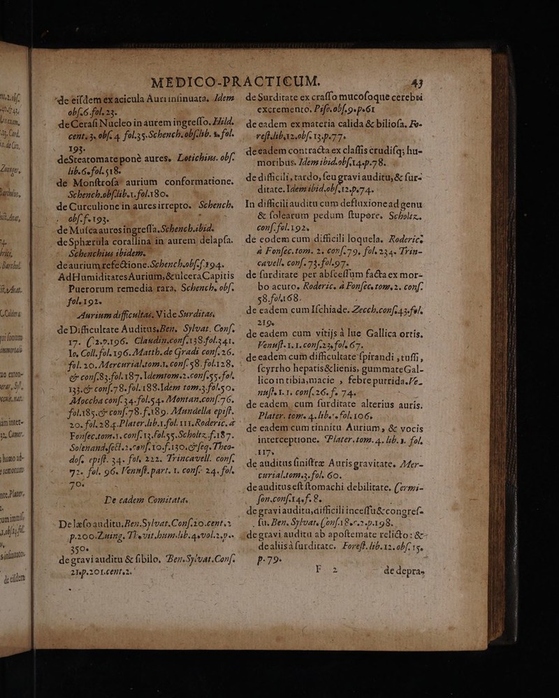 UETA 364, hn DM, B. Card ULT £ugun, Mv 3 dnt, 4, /ritr, | Dartbo] f v4. C Caldera Jui fonum ümmrtas 1e extet rd, o, 177 A2 ümintete yu Cant. : fumo ad- » feIDOLUrm nte Plittr, , amimni s ob(.6.fol. 23. deCerafi Nucleo in autem ingte(fo. Hid. cett, 3. obf, 4. fol.3 s. Schench. ob[-hib. 3s fol. 193. diStestomáds poné aures, Lotichius. obf. lib. Ge fol. 518. de Monfttofa aurium. conformationce. Scbench.ob[. be. fol. Y80. de Curculione in auresirrepto. Scbench. elf f 193 SH deMutcaauresingteffa.Sebencb.ibid. deSphzrüla corallina in aurem delapfa. Schenchius sbidem. deaurium refe&amp;tione.Scbench.obf. f. 94. AdHumidicatesAurium,&amp;ulcera Capitis Puerorum remedia rara, Schbencb, obf. fol.192. Anrium diffcultas; Nide Surditas, deDifficultate Auditus,Bez,. Sylvat. Conf. 17. (:2:5396.. Claudin.conf A38 fols 41. Io. Coll. fol. 96. 7Mattb. de Gradi conf. 26. fol. 30. Mercurialtom.x, conf. 58. fol.128. e con[. 85.fol.187. ldemtom.2.con[.s5. fo. 133.05 conf. 7 8. fol. 188.Idem tom.3.fo..so. AMoccha conf. 3 4-fol.$4. Montan.con[.76. fol185.c conf. 78. f A89. AMundella epiff. 20. fol. 28 4.Plater.lhb.v.fol. vuv. Roderic. à Fofec.tom.. conf. 13.fal.ss.Scholtz,f.187. Solenandefett.» conf Yo.f.150. c feq. Thea- def. epift. 34. fol, 222. Trincavell. conf. 72. fol. 96. l'ennfl. part. 1. conf 24. fol. 709 De eadem Comitata. Delafoau ditu.Bez.Sylvar.Con[.10.cent.» p.2oo-Zuing. Thevit.bum-hb.aevol.2.p.. 4 359» de graviauditu &amp; fibilo, Zez.Sy/vat.Conf. 2Ip.2OLCOHfs2. de eadem ex matetia calida &amp; biliofa, £v- vefllibyxz. obf. t3.p.77. deeadem contracta ex claffis crudifq; hu- motibus. Zdez ibid. obf ta. p.78. de difficili, tardo, feu gravi auditu, &amp; fur- ditate. Ide dbid.obf 12.0.74. In difficiliauditu cum defluxionead genu &amp; foleatum pedum ftupere. Scboliz., conf.fel.192. de eodem cum difficili loquela, Aoderzc: à Fon[ec.tom. 2. €on[.79, fol. 234. Trin- ca'vell. conf. 73.fol.97. de furditate per abíceffüm fa&amp;a ex mor- bo acuto. Rederzc. à Fon[ee. tom. 2.. conf. $8.fo/168. de eadem cum Ifchiade. Zeccb.con[ca s fel. 219. de eadem cum vitijs à lue Gallica ortís. Venufl- y.1. con[.23« fol, 67. de eadem cur difficultate fpirandi ,tuffi , fcyrrho hepatis&amp;lienis, gummateGal- licointibia,macie , febrepurrida.77. nn[^ v. 1. conf. 26. f. 74. de eadem, cum furditate alterius auris. Plater. tom. 4. libe e fol. 106, de eadem cum tinnitu Aurium, &amp; vocis intercepuione.. AP/arer.tom. 4. lb. y. fol, 117» i de auditus Áiniffte Auris gravitate. Z4er- turial.tom.a.fol. 6o. fon.conf.x 4. f. 8. de graviauditu,difficili inceffu&amp; congref- . fu, Ben. Sybvar, ( onf AS n. p.198. 3 degravi auditu ab apoftemate relicto: &amp;- dealiisàfurditate. Fereff. lib. 12. obf. 15, P779: F2 de depras