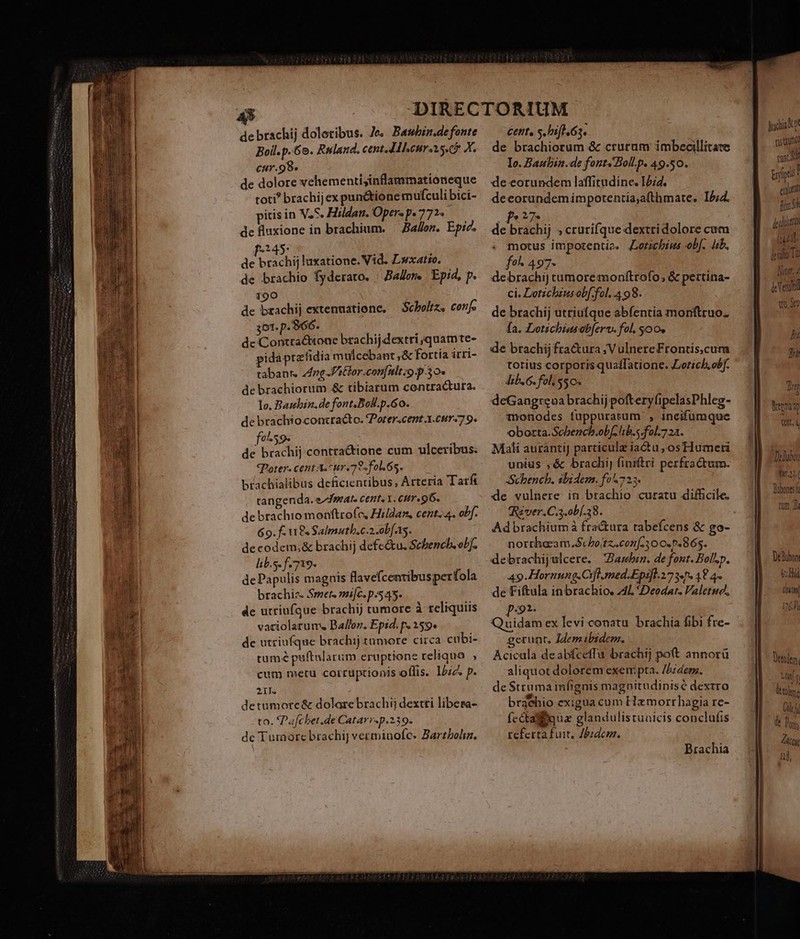 de brachij doloribus. Je. Bambin.defonte Boil.p.66. Ruland. cent.dIleursi s.c X. cur.98. de dolore vehementi,inflammationeque toti? brachijexpun&amp;ione mufculi bici- pitis in VS. Hildan. Opers p.772. de fluxione in brachium. | Ballon. Epi2. de brachij laxatione. Vid. L»xatto. de brachio fyderato. | Ballons | Epid, p. 190 de brachij extenuatione., 3o1. p. 966. de Contracbione brachij dextri ;quamte- pidá prafidia mulcebant ,&amp; fortia irri- tabante dn -Vitlor.con[nlt.9. p.30» de brachiorum &amp; tibiarum contra&amp;tura. lo. Bauthin.de font.BoB.p.60. de brachio.contracto. Porer.cent.X.017«7 9. fosse dis de brachij conttactione cum ulceribus: (Pater. cent A.^ur.79«fol. 65. brachialibus deficientibus, Arteria Tarf tangenda. efmats cents Y. our. 96. de brachio moaftro(c, Hildan, cent... obf. 69. f. uS Salmuth.c.2 ob [.ts. 1 d de codem, &amp; brachij defe&amp;u, Sebench. obj. lib.s. f.719- | | dePapulis magnis Bavefcentibusperfola brachic. Smet. mi[c. p.545. de utriufque brachij tumore à reliquiis vaciolarum. Balloz. Epid. p. 159. de utriufque brachij tümore circa cubi- tum puftularum eruptione reliquo , cum metu corruptionis oflis. I5; p. 21. detumotc&amp; dolare brachij dextti libera- to. Pafchet.de Catarr-p.239. de Tumore brachi] verminofc- Bartboliz. éents s. bifl 63. de brachiorum &amp; crurum imbecillitate Iv. Baubin.de font Bol.p. 49.50. de eorundem laffitudine. 12/2. deeorandemimpotentia;afthmate. I5;2. , Pt?7. acad »crurifque dextri dolore cum motus imporentie. Zoticbiws obf. ib. fo^ 497- debrachi] camoremonftrofo; &amp; pertina- ci. Lotzcbiusobf.fol. 498. de brachij utriufque abfentia monftruo- fa. Lotichiusobferv. fol, $00» de brachij fractura ;|VulnereFrontis,cum totius corporis quaffatione. Zorich, obf. dib. G. fol, $50. deGangrgoa brachij poftery(ipelasPhleg- monodes fuppuratum , incifumque oborta.Scbench.ob lib. s. fol. 722. Mali aurantiJ particulz iactu, osHumeri unius ,&amp; brachi) finiftri perfractum. Schench. abidem. fo71:. de vulnere. in brachio curatu difficile. Rever.C.3.ob[.38. norrhaam.Schotz.con[.3 o 0.865. debrachijulcere. ambi. de fout. Bollp. 49.Hornung.Cifl.med.Epsfl.273«n. 48 4 de Fiftula inbrachio, 4L Deodat. Valetue., po. Quidam ex levi conatu. brachia fibi fre- erunt. Zdemibidem. Acicala deabfceffa brachij poft annorü aliquot dolorem exempta. Ibidem. de Struma infignis magnitudinisé dextro brachio exigua cum Hamorrhagia re- fc&amp;tafiqua glandulistuaicis conclufis referta fuit. Zb:dez. Brachia jadis nstund rund bít | extitit Il dude lud )n. iio Ta Niort. 4 i Vel Momo Qui Debubon tn Dubonesf mm 7 [UB 24 De Buoni tH ii 4 ) 1o TH Desde.