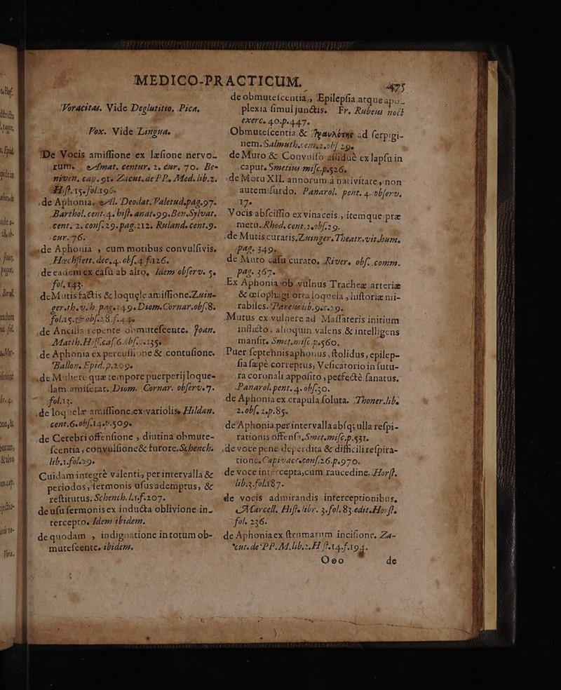 fit, pagi, [^] ird. ecdom 7 fi. wr  Yitione J Ute. |Voracitas. Vide Deglutitio, Pica, Fox. Nide Linguae De Vocis amiffione ex lxfione nervo- rut. | eat. centur, 2, Cur, 70. Be- niyen, cap. oe ZAcut.de PP» Med. isb.z. TH;fh. fol.196» | ;de Aphonias eA. Deodat. Valetud.p4q.97. Barthol, cent.4. ifl. anat«99.Ben.Sylvat. «tent. 2. con. 29. pag.212. Ruland-cent.9. cur.-76. de Aphonuia , cum motibus convulfivis, Heechflett, dec, 4. obf. 4 fan 6. ,deeaáenmiex cafu ab alto, dera olferv. s. fol. 143. ! .deMuusfa&amp;is &amp; loqueleamiffioneZziz- ger-theuib. pages49» Diom.Cornar.obf.8. | folas.cóxobf. 8. f. 4 49 de Anxcilla repente oomurtéfcente. oar. AMatib.H-fca[ 64b fie 13$e j de Aphonia ex percuflione &amp; contufione. Ballon, Epid. p.209. 5 ,de Maliere qua teinpore puerperij loque- lam.ami(ezat. Dom. .Cornar. obferv. 7. fol t2. e. | :deloquele amiffionce.ex:variolise ZZ//daz. .&amp;ent. Ge obf. L4 p.509. de Cerebri offen(ione , diutina obmute- (centia ; convulfione&amp; furore.Scbench. liba. fol. Cuidamintegté valenti; perintetvalla &amp; periodos, (ermonis ufusademptus, &amp; reftitutus. Scbencb. L1.f:207. Y de ufa fermonis ex inducta oblivione in- tercepto. Jdem tlIidem. dequodam , indignatione intotum ob- mutefcente» ebiderz. 475 plexia fimul jundkis. Fr. Rubens zo eXer 6. 40:p.447. Obmuteícentia: &amp; TeavAémie d ferpigi- nem. Salmutl. eA 2,0 Ff L9e de Muto &amp; .Convuifo-aflidue ex lapfu in capte Smaetinstmi[c. pes Gs :deMoru XIL annorum à nativitate ;non autem furdo, ,Panarol. pent. 4.bbferv, 17. Vocis abfciffio ex vinaceis., itemque;prz metu. A hod, cent.1u2bf.2 o. ;de Mutiscuratis,Zzin gere Theatrvitobam., jq. 249. de Muto cáfu curato. Rzver, obf. .comm. 47. 367» | Ex Aphonia ob vulnus Trachez atteriz &amp; ccfophagt orra loquela jhiftoriz mi- rabiles. Pere ib...» 9. -Matus ex vulnere ad Maffateris initium inflicto; alioquin valens. &amp; intelligens manfite Smet.zifc.oss60. Puer feptehnis aphonus; ftolidus, epilep- fiafzpé correptus; Veficatorioin futu- ra coronali appofito ; petfecté fanatus. Panarol. pent. 4. obf. o. ;de Aphonia ex crapula foluta. /ZZoner.lh. 2. obf, 2. p.85. de Aphonia perintervalla abíq; ulla refpi- rationis Offenf^, Smetemi[c.p.s3t. tionc Capivacreconf.2 6.p.970. de voce intecepta,cum raucedine. ZZorf). dib.s.fol187. de vocis admirandis interceptionibus, carcel, Hifl isbr. 3. fol. 85.edit.Ho ff. fo^ 236. de Aphoniaex ftrimarum incifione, Za- *cut de PPM, bo H fIa. f xo  Ooo de T ISBOCATTUPI e e o Pee IYu nu Lari