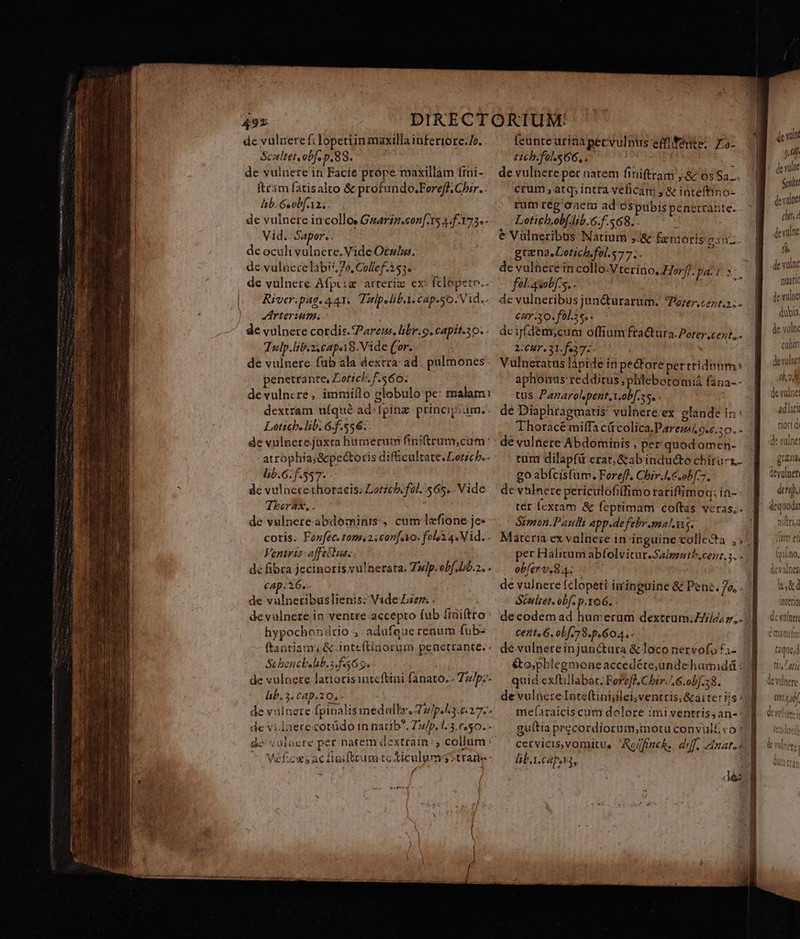 jm DIKRECTORIUM: de vulnere fc lopetiin maxilla inferiore./v. feunte urina pecvulnus efflfénte; Fo: Scaltet obf. p, 88. tich.fols66,.. de vulnete in Facie prope maxillam ffni- ' de vulnere per natem finiftram , &amp; 0s Sa... ftrim fatisalto &amp; profundo.Fereff. Chir... crum , atq; intra veficam , &amp; inteftino- Iib. Geobf.12;. rum reg'aaem ad ospubispenetrante. de vulnere incollow Gaarín.con[-5 4,1373. Lotich.obf.lib.6.f:568.. Vid.- Sapor.. e Vülneribus Natrium ,4&amp; fenmoris23n. de oculi vulnere. Vide Ocela. grana.Lotich.fol.577;. E de vulnere labis, 70, Collef.53. de valhecein collo.V terino, Horf?. pa. F3 de vulnere Afpcia arreriz ex: fclopeto.. r ; fol 4sobf's.. A ] crteriums cur3o. fol.3 s, . de vulnere cotdis.*Pareus, libr.9.capit.s0... dcij(dém;cum offium fractura: Porer.cent;. Tulp.lib:s.capav8. Vide (vr. 2:CHr. 31.f637: de vulnere. fub ala dextra ad. pulmones: Vulneratus lápide in pectore per trideum? penetrante, Lorich.f.560. aphomus redditus ,phlebotomiá fana-- devulncre, immillo globulo pe: malam: — tus Panarolspent.A.ob[.ss, : dextram uíqué ad-fpinz principium. de Diaphragmatis' vulnere.ex glande in: Loticbelib. 6.f.556. | Thoracé miffa cücolica.Paremdh 9.6.20. - de vulnerejaxra humerum finitrum,cum: : dé vulnere Abdominis , per quod omen- atrophia;&amp;pe&amp;oris difticultate.Loticb.--.— tum dilapfit erar, &amp;ab indu&amp;to chiruc.. hib. 6. f.557- go abfcisfum. Fereff, Chir. obf. de vuluecethoraceis;Lotzcbi.fol. 565. Vide. devnlnere periculofiffimo rariffimoq; itt-- Tboras, . de vulnere.abdomints:, cum lefione je- Simon.Panlli app.defebr.mal.us. Ventris:affeitus. per Haliramabfolvitur.Salmathcent,5. - de fibra jecinoris vu!nerata. Z»Ip. eb[.lrb.2, obfer v. S4. cap. 16.. de vulnere (clopeti iminguine &amp; Pent. fe. - de vulneribuslienis: Vade bien. . Scultet. obf p.xo6. - hypochondrio , adafque renum fub- cent, 6. obf e78.p.604.- ftantiam, &amp; inteftiaorum penetrante... dévalnereinjunctura &amp; loco nervofo £i- Scbencb. lb. s. f 569. éto,phlegmoneaccedéte,undehumidd : de vulnere latiorisintcftini fanato.- Zz/p;- — quidexftillabac: Foreff Cbir.^6.0b/.58. lb. 5. cap.20,- de vulnerelInote(tinijilei,ventris, &amp;aiter iis : de vulnere fpinalisimedallz,T5/]p.h3.:527:« — me(araiciscum dolore imi ventris; an-* de vi.laerecotüdo in narib*. Tulp. l:3.050.  gultia precordiorum,motu convult «o? de vatocre per natem dextram. , collum: ^ Méficws ac fiaiftram tosticulums? tran - liba capp, estt £ i E Open ap Lor gemi Senn à vil »u de niit NUT devülne dite devalne ij de vulae nuatic dexulne dua de vulpe deyulner detip. dequodat nitri m ei n eiu ' Y Y Ina ac vainer |; ld &amp;d IDECETO, de vülner taque] Us etg j ' ac volnere (0,5 bl 1 M de ytihnere i tendonjh lit E ul QU V Inetey WI] Cr)