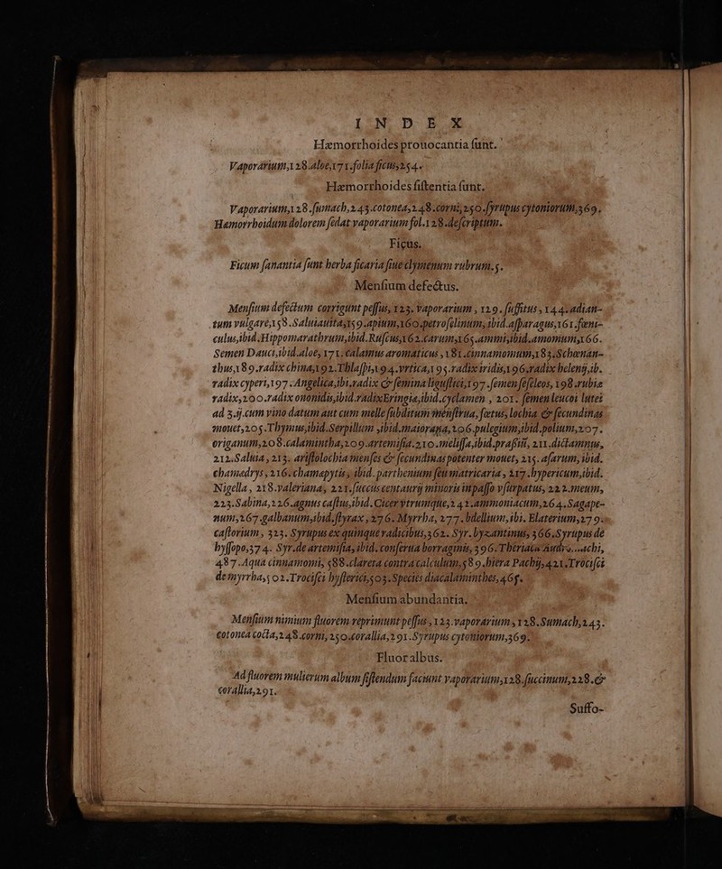 |] 4N, D B Hzmorrhoides prouocantia funt. : Vaporariuiti,i 8.20617 v. folia ficiis 2.5 4. Hamortrhoides fiftentia funt. Vaporariutt, 28 .fumach,s 43.cotonea; 1 48 corni 2.50 .[yritpus cytoniortitis 69, Hamorrboidum dolorem fedat vaporaruim fol. 2.8 deferiptum. Ficus. Ficum [anantia funt berba focaria frue cymenum vubrum.s. Menfium defectus. Menfuu defectum corrigunt pejfus, Y23. Vaporarium , v1.9. fuffitus , YA 4-adian- tum vulgare 5S. Saluiauttayts o apiumyX6O .petro[clinum; 1bid.afparagus,vG1.foeni- culusibid.Hippomarathrum ibid. Rufcus62.carumy 6s .ammisibid.amomumy 66. Semen Dauciibid.aloe, v7. calamus aromaticus ,A81.cinnamomumy83.Schoenan- thus89.radix chinay92.Thla[pisy 94 .vrticay 95.adix iridis 96.radix beleng,w. vadix cyperi, 197 -Angelica,ibi.sadix c femina liguflici;t 97 .femen fefeleos, v98 rubia rAdix,100.radix ononidisbid.radixEringia;ibid.cyclamen , 101. femenleucoi lutei ad 5.tj.cum vino datum aut cum melle fubditum menfirua, fetus; lochia. &amp; [ecundinas ?n0uet, 10 $ T hymus,ibid.Serpillum jibid.matoraga, o6 .pulegitmybid.polium,zo7 . origanum,209.calamintha,zo 9.artemifia.2vo -meliffa,ibid.praffitt, 211 .diclamnm, 212.84ltia , 213. ariffolocbia menfes c fecundimas potenter mouet, 215. a[arum, ibid. chamadrys , 216. cbamapytis , ibid. parthenium feu matricaria , 117 .hypericum,ibid. Nigella, 218.valeriana, 2.21.[uccus centaurg minoris inpaffo v [urpatus, 22. 2.0001, 223.S4bina,126.agnus caflusibid. Cicer ytrumque,s 4 1 .ammoniacutm,s6 4 .Sagape- num;167 .galbanumbid.flyrax , 27 6. Myrrba, 2777. bdellium, ibi. Elaterium,27 9. caftorium , 323. Syrupus ex quinquevadicibus,s 62. Syr. byz.antinus, 366.Syrupus de byffopo,37 4. Syr.de artemiftas ibid. con[erua borraginis, 3 9 6. Theriava Autre. chi, 487.Aqua cinnamon, $88.clareta contravaleulum,$8 9 .hiera Pachy, 421.Trocifci demyrrhays o2 Trocifci byfferii s o3 Specits diacalaminthes, 4f. Menfium abundantia. Menfium nimium florem veprinunt poffus , 35 vaporarium y 28.Sumach2 45. £otonta (004,248 «orm, 250 «orallia,2 9x .Syrupus cytotiorum,369. Fluor albus. » fuworem mulierum album fftendum faciunt vaporaviumi28.[uccinunt, 229 .e «14llia,2.91. Suffo-