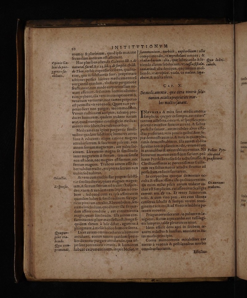 Opin:o Ga- leni depur- gatricefa- &amp;ttltate. OQébiecito. &amp;efbonfio. Quapar- gent tra- bendo. Gua com- prsmendó; to mumq: &amp; plurimum ; quodipfis maxime fecundum naturam eft;alliciunt. Hoc pluribus oftendit Galenus Jb. 1.4e natural.facul.&amp; c.23.lib.a dé fimplic. elib. de T ber.verbis expreffis fcribens; qualita- tim,quain fubftantiis funt; proprietate actiones perfici Idcirco medicamentorü purgantit quadam , vbiforte purgatione fruftranturjnon modo corpori nullam no- xiam afferunt, fed etiam hominialimen- zum prebent;alia vero in corruptionem &amp; venenum vertuntur,non tamen perpetuo eft permifta vis venenofa, Quare non per- petuolicet non purget; incommoddbit. Verum coctionem accipiet ; talemq; pro- ducet liumorem , qualem trahere natum erat,quod nunquam contingitin medica- mentis mochlicis;feu valentioribus: Medicamenta igitur purgantia fimili- tudine quadam fübftantic tumores attra- hunt &amp; educunt: eique ratione magnes attrahitferrum &amp; fuccinum paleam ; non autem ferrum magnetem , aut palea fuc- cinum. Licetenim magna fit fimilitudo intermagnetem &amp; ferrum , tamen fimile non eftidem;nec magnes eftferrum, nec ferrum magnes. Trahens autem effe de- bet validiustra&amp;o; propterea ferrum non trahit;fedtrahitur, Atverocum:tra&amp;io fiatpropter fubità- riz fmilitudinem,quare magnes magne- vem;&amp; ferrum ferrum nó trahit? Kefpon- deo,vaam &amp; eandem rem feipfam nO tra- here ; fed quod cum ea jpfa affniratem quandam haber &amp; fimilitudinem Sic aga- ricus pituitam attrahir, R heumbilem,fen- 2a melancholiam;quodinter illa fitquz- dam affinis conditio , aut conuenientia magis,quam fimilitudo. llla autem con- formitasnec plane manifefta eft;longe fi- quidem rheum à bile diftat agaricus A Licetautem omniacathartica humores attrahant; eorum tamen quzdam fpecia- lius dicuntur purgare attrahendo;qua n&amp;- pe füntpotentioris virtutis, &amp; humorem habent excremenititium, inquic Mefue vt comprimiendo vtzyrobolani-omnes , &amp; rbabarbarum : alia, qua lubricando &amp;le- niendo aluum fubducunt, vt eaffta fífLula, tamarindialia denique, quetantum mol- liendo,vrartriplex, viola, ot malue, laga- thbum,&amp; multaolera. CAP, X. Demedicameniis , que citra ventris [olus tionem,occultaproprietate nor - bos-tütltos fanant. fimplicia, queper os fumpta;autexteri rietate morbos futurosarcent, &amp; fa&amp;tos perfe&amp;te fàuant , aut mirabiles altos: effe- &amp;us proferunt;vtin paucis quibuídam fz- fra demonftrauim us,&amp; moxin quanrplu- rimis demonftrabimus. Illaautem abdita facultas non in plantis modo,verumetiati literarum monumenta fidem faciuat;pel- Qua lubri- cando; rbiquid Chriftianiffimus ac potentiffimus Gallia- rum rex folius manus attactu ftrumas ad perfectam reducitfanitatem. In corporibus quoque deraortuis oc- culta &amp; efficaciffima illa qualitascernitür. Gs. enim milui pifcis aurum trahere au- thor eft Simplicius, cui affentiturScaliger exercit: 102. c» 112. Et renes Scincorum triti &amp; cum vino poti , aut cum idonea conferua fuba&amp;ti &amp; fumpti veretri renti- ginem excitant;&amp; ad Venerisludibria po- tenter mouent. Priapus ceruificcatus, ip puluerem lz- nis fumptus,valde pleuriticos iuuat. |. ldem efficit dens apri in fcobem te- ! nuem reda&amp;tus &amp; liauftus; maxime in Hiu- ius morbi principio. Cornu monocerotis mirabiliter cor ! tuetur à venenis &amp; peftilentibus morbis omnibus fuccurrit; EV Effe&amp;us: Sentia eni [^] Ten ITTIT lin, Oy fre