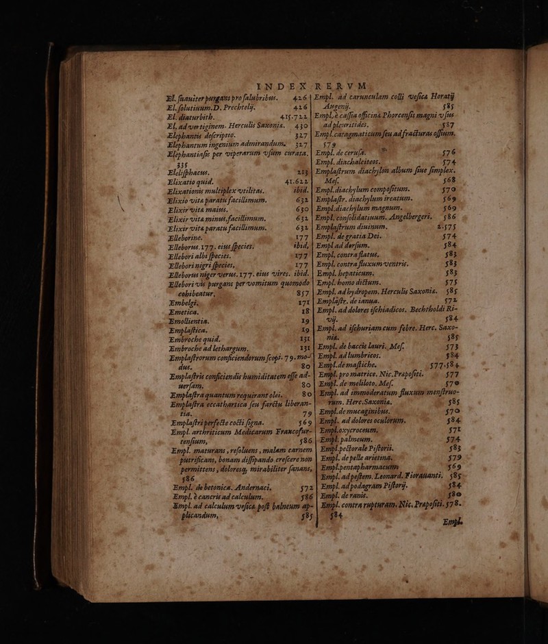 YNDER2R RERVM EL faauiter pusqans pvo [alubvibus. — 426 Empl. ad carunculam colli vefica Horatij El. folutiuum.D, Precbteli. 416] ueni. j8$ El. diaturbitb. 41j.722 | EmpLà caffra officina Phorcen[Hs magni v [us El. ad vertiginem. Herculis Smxonia. 430 ad pleurittdes. ^ $87 Elephant. defcriptto. 327 | Empl.catagmaticum feu ad frackuras affirm. Elepbantum ingenium Admirandums 327| $79 Eliphantiafre per voxperarum vfum curata. | Empl. de ceru[a. » Epl. diachalciteos. $74 Emplaftrum. diachylon album fue fimplex. Me[. Empl.diachylum compofitum. Emplaftr. diacbylum ireatum. j76 33$ Elelifpbacus. Elixatio quid. Elixationis multiplex vorilitas. Elíxio vita paratu facillimum. 213 41.622, ibid. 632, MI ACETOERREC A. IY EE EE gesstse e Elixtr vita maitts. Elixir vita minus facillimum. Elixir vita paratu facillimum. Elleborine. Elleborus. 177. eitis fpecies. Ellebori albi fbecies. 177 Ellebori nigri fpecies, 177 Elleborus niger uerus. 17 7. eius vires. ibid. Ellebori vis purgans per vomitum. quomodo cobibeatur, 857 Ermbelei. 171 KErmetica. 18 Emollientia. 19 Emplaffica. 19 Embroche quid. 131 Embroche ad letbargum. 131 Emplaffrorum conficiendorum [copi 7 9. 1mo- dus. 8o 630 632 631 177 zbid, Emplaftraquantumrequirantolei.. . 80 Emplaftra eccatbartica feu farétu liberan- t2. 79 Emplaftri perfecte cocti figna. $69 Empl. avthriticum Medicarum Francofur- ten[ium, $86 Empl. maturans , vefoluens , malam carnem putrificans, bonam diffipando cre[cere non permittens , doloresg, mirabiliter (anans, $86 Empl. de betonica. Andernaci, Empl. ? cancris ad calculum. Enpl. ad calculum vefica poft balneum ap- plicandum, $8; Empl.diachylum magnum. Empl. confolidatiuum. Angelbergers. Emplaftrum diuinum. Empl. de gratta Dei. Empl ad der[urn. Empl, contra flatus. Ezmpl. contra fluxum ventra. Epl. bepaticum. Empl. bomo ditium. Empl. ad bydropem. Herculis Saxonia. | 48$ Emplaffr. de ianua. 72 Empl. ad dolores ifcbiadicos. Bechtholdi Ri- vij. $84. Empl. ad ifcburiata cum febre. Herc. Saxo- nis. Empl. de baccis lauri. Mef. Empl. ad lumbricos. Empl.de maffiche. Empl. pro matrice, Nic.Prapofiti. Erpbl. de meliloto. Mef. Empl. ad immoderatum fluxum imen[iruo- vum. Herc.Saxonia. $85 Empl.de mucaginibus. $79 Ermpl. ad dolores oculorum. $84 Egnpl.oxycroceutn, Empl. palineum. Empl.pectorale Piftorii. Ernpl. de pelle avietina. Ermpl.pentapbarmacutm Empl. ad peftem. Leonard. Fioratanti. Empl. ad podagram Piftorj. Eenpl. de ranis. Empl. contra ruptura Nic. Prapofsti. 578. n 1 Emp» $86 2.575 $74 584 $85 $85 $85 $75