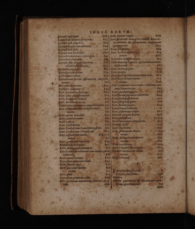 Extradi ligni buxi. ibid.| Extr. bepatis vituli. 9éo Extractum Mumia c» Myrrba. 857 | Extr fpecierum bierapicra Galeni , biera co- Exirvact-rad. Angelica. 84; locyntbidos € reliquorum | 'oulgarium Extradld radicibus arborum. $44| purgantium. $60 Extvact.vad.e[ula. 846 | Extr. bolagogon. 864 Extraci.rad.byofciam:. ibid.| Extr. byfericummatus, 854 Extract.vad. pe oni&amp;,vifci coryls. $45 mine ibid. Exiratía radicibus. $44. | Extracio margariaram. $65 Extrait. [fue [anguis fatyrionis. - 847 | Extr. tnatricis leporina , ci» focundina mnlte- Contra feribtaten. zbid. ris fecunda. 86r Extracia compofrta. 8y0 | Extr. melanagogon. $59 Extrada 2 corticibus. 844 | Extr.imeliffa. $56 Extratiametallica. 864 | Extr.Piflorij ad promouendos menfes, — 864, Extratliones [ecreta. officinarum. AAugn[ba- | Extr-nephriticum maius. 854 narum. 861 yaunea . ibid. Exiracía berbarum. $49 | Extr.oculorum cancrorum y teftavum ouo- Extraciuradicunk. $49 rum,limacuim e*c. 86r Extr. fructuum alkekengz. $49 | Extr. pancbymagogum. 863 Extr. aloes Auguffanorum. 861 Extr. florum papaueris rubeorum. $49 Extr. bituminis Indaicz. $65. Extractumpa[fularunr. 419 Extr. Bechtboldi Rívj. 86r | Extz.phlegmagogum- 8,8 Extr. calamiaromatici Augustanorum. 861 | Extr. florum paeonia. 's $49 Extr .cardiacum fiue cordiale mains, .— 8gvV| Extractumpilularum. $t mintts. 852 | Extr. pulmonum vulpis. $60 Extr .cardui benediti.. 850 | Extradl. purgans bedera, $48 Extr.carminattuum. $55 | Extr.rbabarbari. 51.856 Extr. caffordj. 861] Extr.rbabarbari compofitum. 867 Extr. Catholicum. 8,8 Extrait. fcylla. 798 Extr. Catholicum Francofurtenftum... $63 | Extr. fenelorum. 849 Extr. Catholicum T beophrafhi. 864 | Extr. [pleneticum maius. 8j2 Extr. cepbalicum maius, 850.777 minus. ibid. manus 851 | Extr. fromacbicum maius. $52 Extr. ceraforum nigrorum.. $49 minus. ibid. Extratium chelidonia. 850 | Extr. tabellarun. 4 $64 Extr. eholagogum folutiunum. 858 | Extr. T beodori &amp;voingerit, $62z Extr.à cornibus ceruorum tans teneris, quam. ! Extract.t boracicum mauus. 85x induratis; $é1| | intus. $3^id. Extr. erani bumanz. $60 | Extr. vliaris. $f0 Extradium granorum ebuls. $49 Extr. ellebort nágri. 8,7 [3 Extr. epaticum matus, $51 minus. $53 Acultas inexplicabilis.. Li Extracium granorum attes. 848] Fertura. $6 Extr. granorum voaturorum fambuci c e- Febrim quartanam effe Medicorum oppro- uli. ibid. brium qj tormentum. 735 Fecis a y apu MPa fhnon --