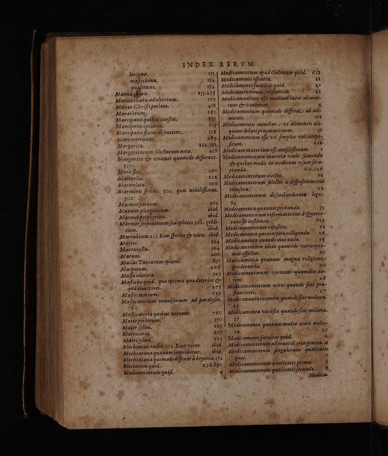 a  em fw Á — mu RÓÓ— n - m , -—  £ —— —— — :-——— — — a — Ó — INDEX lgrigna. 153 maf[icbina. j4 qualitates. 154 Mannatburu. 151.273 Manus Chrifliperlata. 438 Maratbrum., 161 M arcipanis quibit conftet. 119 M arcipgnis optimus. 119 M arcipanufiatusdifcutiens. 19 Maremortunum. 289 Margarita. 134.302, Margaritarum (eleciarum nota. 458 Margarite (» oniones quomodo differant. 130 Maris flos. 190 Marinella. 221 Marmelate. 120 Marmoris (pécies, 3021. quis gobiliffimus. 302 Marmorpariunt. 301 Marmor pleugiticum. ibid. Marmor porphyrttes. ibid. Marmor [erpentinum feu ophites.301. vebli- cum. zbid. Marrubiura ai. Eins [pecies d» vires. ibid. Martes. 324. Marturella. 324, Marum. 106 Maslac Turcarum opiuts. 831 Mmapetum. 266 Mafa odorata. 143 Maj[tiche quid, que optima quadeterier e qua eius tres. 0273 M afticatorium. 759 Malicatorium reuulforium ad paralyfrm. 760 Maflicatoria quibus noceant. 760 Mater perlarum. 230 Mater [yltt&amp;. 21$ Matricarta. 117 Matri [ylua. 21$ Mechoacan radix.72 Eit vires, ibid. Mecboatanaquanam improbetur. sbid. Mecboacana quomodo differat A bryonia.V] Meconium quid. 278.830 Medicamentum quid. 4 RERVM Medicamentum apud Galenum quid. — 6t Medicamenti e(fentia. xt Médicamenti facultas quid. it Medicámensorum fanbftantiss  1I Medicamenium e[fe medium inter alimen- tum (c venenum. 4 Medicamentum quomodo differat ab ali- mento. 61t Medicamentis omnibis , ot alimentis ali- quam deberi praparationem. 3I Medicamentum e[Ja «vel fimplex voelcompo- ftum. 61z Medicam materinmeffe amplifimam. 1 Medicamentorum materia nde. [mmenda dr quibus modis ip medicum v[um fit a- ptanda. 61z.146 Medicamentorum electio. 96 Medicamentorum felectio à difpo[itione exe trin[eca. 21 Medicamentorum | de[cribendorum | leges. 84. Medicamenta quanam probanda. 33 Medicamentorum veformatioeur à Gyuerce- z4no fit infituta. 614 Medicamenmtorutni vepofrtio. 93 Medicamenta quotemporecolliginda. — 26 Medicamenta quando mutauda. 9$ Medicamentum idem quomodo -oariospre- mat effectus. 90 Medicamenta quanum. 15agna veligioneo ponderanda. 90 Medicamentorum virtutes -quamdin du- rent. 16 Mallicementorium uires quando fint pra- flantiores. 17 Medicamentarecentia quando [imt meliora. 27 Medicamenta vetufla quando fint meliota. 17 Midicamenta quatiam media atate antlto- |l rA. j 17 !Medicamenti facultas quid. 6 ! Medicamentorum alterantiil tria genera. 56 Medicamentorum. fangulorum. qualitates |^ quot. ! Medicamentorum qualitates prima. 9 Medicamentorum qualitates [ecunda-. : Medica-