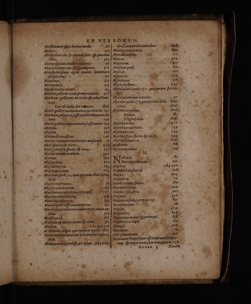 EU NUR Mollitionem fieri duobus modis. 48 Molua. ; WIS Molybditia ubi (» quandofuit, d» qua eium ires. 314 Mombpe[[fislani Medici celebres. 67 Monocerotem non e[fe fiamentum. 318 Mon[pelienfium Agros- multis. luxuriare feemplicibus. 67 Mocabati. 253 Moranduia. 235 Morbi verbu curati. i14 Morbus gallicus ondeprimo-venerit. | $57 Morbum gallicum ab Italis efe adnectum. 447 Car ab Italis ita-ottetur. ibid. Morbi gallici medicamenta peculiaria. 191 Morbum gallicum (uffitu nonnunquam cu- rArí 144 Morbo gallico comuenientia (uffmenta. 145 -Morella. 230 Moriom. 229 Meriendi neceffitas- I46 Mor[us venenati curatioper wuficam. |. 15 Mori [becies &amp;nvires. 2152 Mori fylueffris fpecies thv vives . 253 Mortariaruin materia. 344 Moraa. 325 Mofjcardini, I2I Mojchocaryon. 184 Moí[cbocarydien. 184 Mofchus quid.32.4.quis optimus ibid.vires, ibid. Mofchi referuatio. 95 Mof[fchi adulterium. 103 Mucbarum infu[ionisrofarum. 7797 Mucharum rofarum. 358 Mucilaginum vus. Ac 132 Mucilazo ad inflammationem. 132. Mucilagoad dolorem oculorum ex caufa ca- lida. 131 Mulfaquid. 386 Mul(am d» melieratum e[fc idem. 386 Mutnia. 290.317.528 de Mumia inepta quorundam opinio. ibid. Mumiaim antiquorum non amplius baberi. ibid. Maumiam nonprode[fe ad cafutn , fed potius Nassau meris tue Deer ERU TRA ior ee mimi jet ati ty t ei BOR VM. obeffe,atque aliis omnibus. ibid. Mumia praparatio, $60 Muralis berba. 157 Maria. 289 Mufcerda. 325 Muflum quid. e155 Mydion. 161 Myra[ola. 179 Myrelatum. 517 Myriopbyllum. 14 Myrobalani, quid.7 o. qua eorum [becies. I7I Myrobalanorum nutritto. 37 Myrrba quid.v77.quaoptimn.ibid. Eius vires. ibid. Myrrba ergafima. ibid. Myna4A. ib, Troglodytica. ibid. Myrrba arbor, 277 Myrrbapraparatio. 719 Myrtidanum. 144 Myrtus. Eins fpecies C vires. 244 Myrtusfyluatica. ibid. Myfirum. 88 Myxa,myxaria.. 253 Abacb. $7 Nacraperlarum 330 Napbia. 289.290 Napthba babylonica. $28 Napus. 204 NAYCOlCA. 72 Nardi celtita $bectes, 189 Nardus creta. 221 Nardus [ylueftris. 21L Naalia. 122 Natura defectus arte corrigi. $31 Necoproticum. 18 Nepeta. 109 Nepentbes. 827 Nepentbes tmaius Cuereetani,, 838 Nephriticus lapis. 301 Neregil. j10 Netualia. 12. Nex plantarum. $17 Nicolaum Prapofitum e[fe »neptum Scripto- rem. (imperitum pharmacopgeum.«78. Xxxxx 3 Nicolas