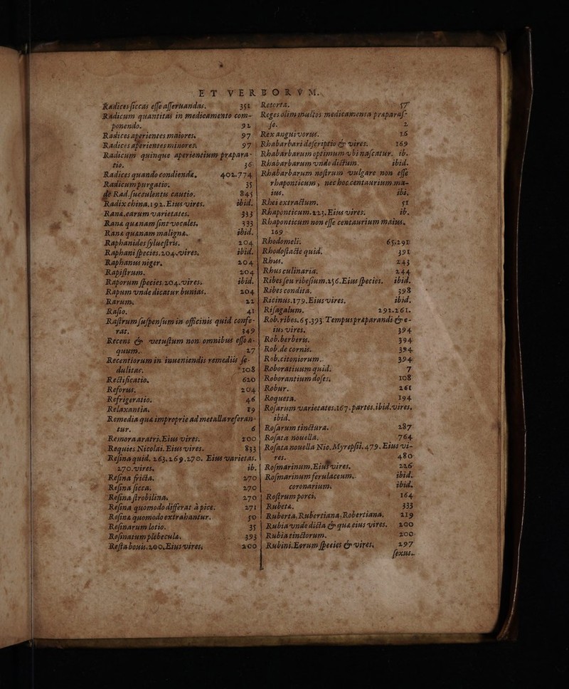 Radicum quantitas in medicamento com- ponendo. Rasices aperientes mtiores. Radices aferientesaninores 27 97 eie. ' Radices quando condienda., Radicumpurgatio. de Rad.[uceulentis cautto. Radix cbina.192. E126 vires. Raua&.earum vartetates. Rana quanam [imt-vocales, Rana quanam maligna. Raphanides fylueftris. BRaphani fpecies. 104«vires, Rapbanus niger, Rapifirum. Raporum fpecies, zo 4.vires. Rapum vnde dicatur bunias. | JRarum Rafio. Raffrum [ufpen[um in officinis quid confe- TAL. 349 401.774 quuin. 27 Recentiorum in. iaueniendis remedia fe- dalitas. *108 Reéfificatio, 620 Reforus. 204 Refrigeratto; 46 Relaxantia. I9 Remedia qua improprie ad metallaveferan- zur. 6 Reinoraaratri.Eius vires. 100 Requies Nicolai, Eités vires. 833 Refinaquid, 163.169.270. Eittà *Uarietas. 17 O.VÍres. ib. Refrna fridia. $70 Refina ficca. 270 Refina ftrobilinam 270 Refina quomodo differat A pice. 271 Re(mma quomodo extrabantur. [rs Refiparum lotio. Refinatum plebecula. Reflabouis.20o.Eiusvires l Regesolimanalios meditamenta prapara[- jfe- 2 Rex auguioorta. r6 Rbabarbavi defcriptio && vires. 169 Rhabarbarum optimum bina[catur.. do. Rhbabarbarum onde ditum. ibid. Rbabarbarum noftrum vulgare non effe rbaponticum , mec boc.centauriumma- ius. iba, Rbei extratium. $t Rhaponticum.v13. Eius vires; ib. Rbaponticum non e[fe centauviutm maius. 169 Rbodomeli: Rhodoflacie quid. Bbus. Rhus culinaria. Ribes feu vibe[rum .A156.Eius fpecies. Rábes condita. Rzcinus.179.Eius-vires, Rifagalum. Rob. ribes. 65.393. Tempuspraparandi (y e- 1us vires. 394 Rob.berberis, 594 Rob.de cornis. 294. Rob.citoniorum.. 394 Roboratiuum quid. 7 Roborantium dofes; 108 Robur. 6t Roqgueta. 194. Rojarum vuarietàtes467. partes ibid.vires, zbid. Ro[arum tincdiura. 287 Rofata nouella. ; . 764. Rofata nouella Nie, Myrepfti. 479. Esus i- 0$. 480 Rofmarinum.Einf vires. 226: Rofmarinum ferulaceum.. ibid. coronarium. ibid. Roftrum porci, 164. Rubeta. 335 Ruberta, Rubertiana;Robertiana. —— 219 200 zoo: 297 fectus. 6529T 39K 245 2, 4.4. ibid.