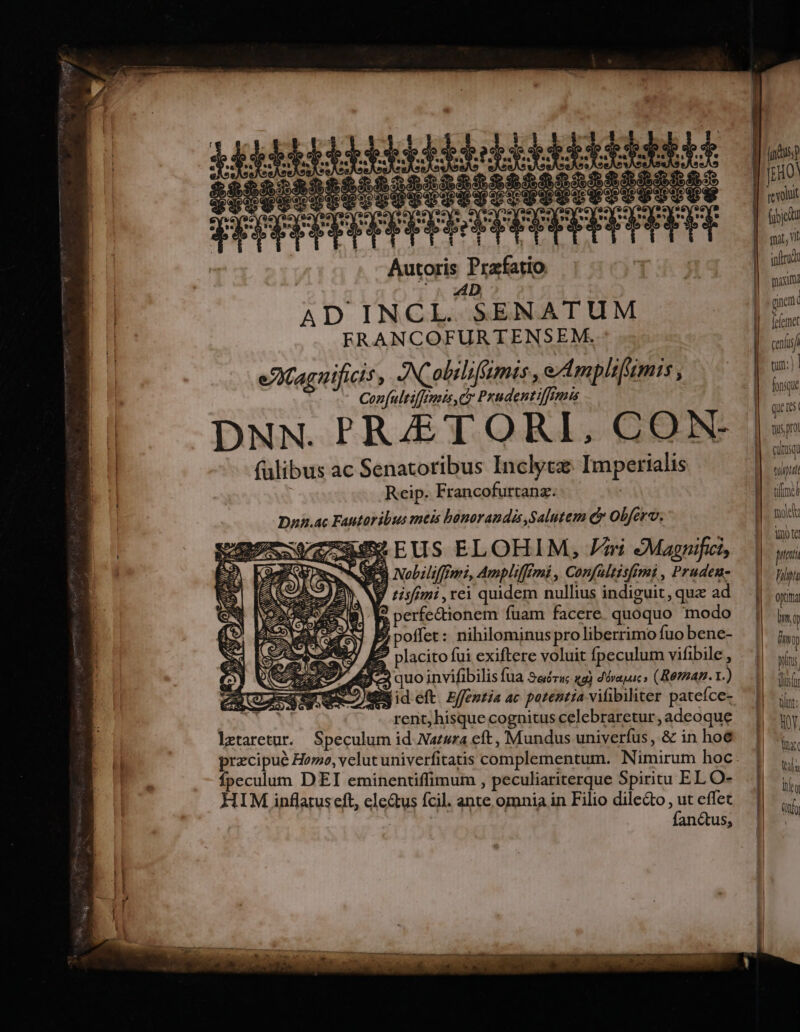 likbbbilkbbkbbilidi$ds t pae a EEIPESPHRERUPT TEFEIIT iilii: | Autoris Prafatio EX : AD AD INCL. SENATUM FRANCOFURTENSEM. eJXaguificts ACobilifamis , eA mplifumis , Confultifftmis c Prudentiffimis DNN. PREÉTORI, COX fülibus ac Senatoribus Inclycz Imperialis Reip. Francofurtanz. i Dnn.ac Fantoribus meis bonorandis Salutem c Obferv. 2 A. SE Nobilifffmi, Amplifffmi , Confaltisfmi , Prudeu- tisfimi , rei quidem nullius indiguit, que ad ? perfectionem fuam facere. quoquo modo $ poffet: nihilominus proliberrimo fuo bene- A) KE placito fui exiftere voluit fpeculum vifibile , P em quo invifibilis fua Saóru i) d'évauuc ; ( RetAz. I.) Sx ideft E/fentia ac patentia vifibiliter patefce- | rent, hisque cognitus celebraretur , adeoque letaretur. Speculum id Nazsza eft, Mundus univerfus , &amp; in hoe przcipué Hoo, velut univerfitatis complementum. Nimirum hoc fpeculum D EI eminentiffimum , peculiariterque Spiritu EL O- HIM inflatus eft, electus fcil. ante omnia in Filio dile&amp;to, ut effet fanctus, revoluit fiat; Vt qofirud: guai | | | ——— fefemet celis nim: ] fonique queis. tus rot pisqa ejt time mole: Uo tà pti fihpra optima img &amp;m Q ins Wis tnt: p fic t u UN TY