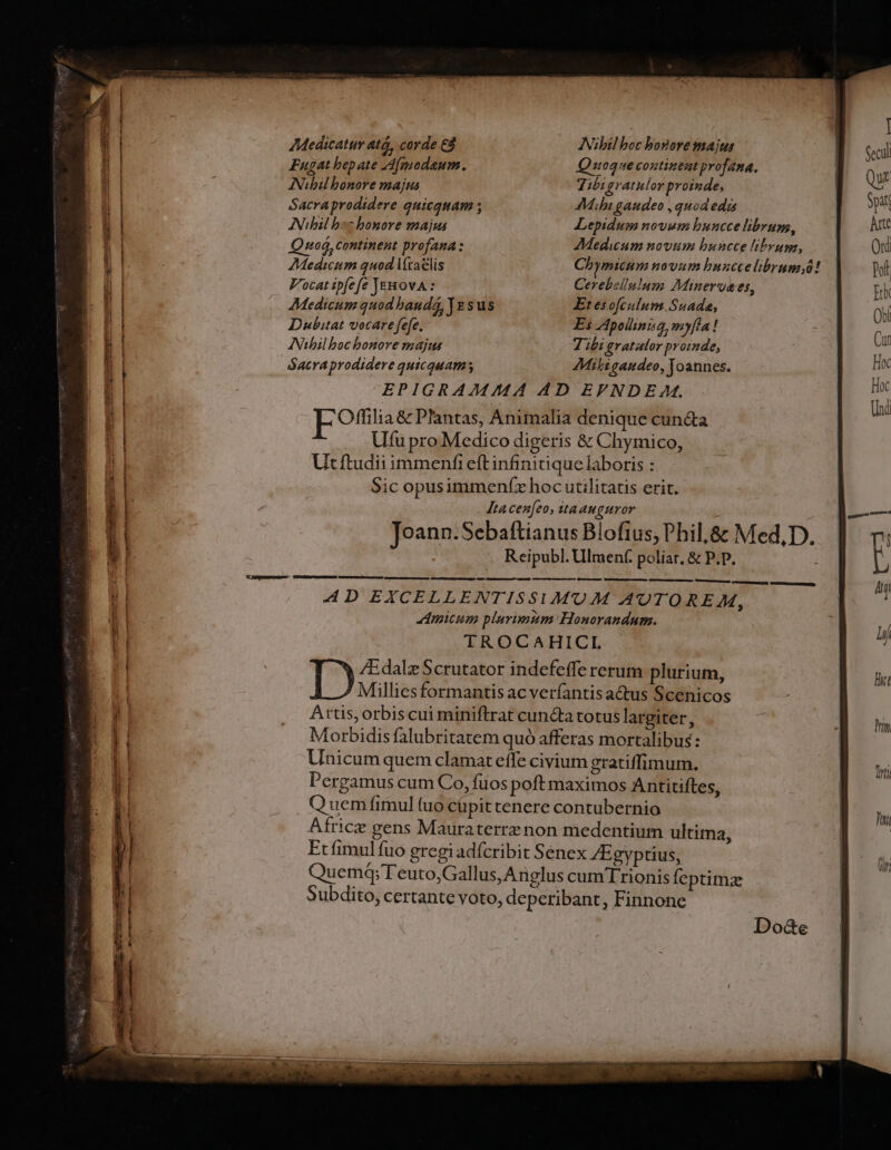 ANubil bonore majus Nibil boc bonore majus Quoque continent profana. Tibi gratulor proinde, AMabi gaudeo , quod edis Lepidum novum buncce librum, A7Medium novum buncce librum, Chymicum novum buucce librum;ó! Cerebzlnlum Mineroaes, Medicum quod baudá, J e sus Et esofculum.Suade, Dubitat vocarefefe, Es Apollinisq, myfla ! Nibil boc bonore majus 7 ibi gratator proinde, AMiligaudeo, Joannes. . Jtacen[eo, ttaauguror Reipubl. Ulmenf. poliar, &amp; P.P. — nodo c DN Do&amp;e