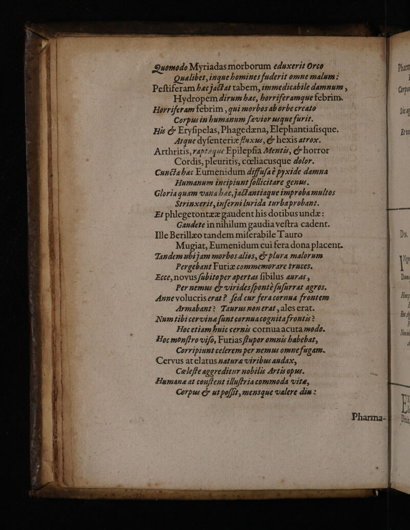 Suomodo Myriadas morborum eduxer?? Orco Qualibet, inque bomines fuderit omne malum : Hydropem dirum bac, borriferamquetebrir. Horriferam febrim qui morbos ab orbe creato Corpus in bumanum fevior usque furit. His c Eryfipelas, Phagedzna, Elephantiafisque. Atque dyfenteriz fuxws, c hexis azrox. Arthritis, zap?«4/c Epilepfia Meztis, c horror Cordis, pleuritis, coeliacusque Zo/or. Cunciabac Eumenidum 47ffufae pyxide damua Humanum incipiunt follicitare genus. Gloria quam vana bec,jattantiaque improba multos Strinxerit inferni lurida turbaprobant. E; phlegetontzzgaudent his dotibus unda: Gaudete in nihilum gaudia veftra cadent. Ille Berillzo tandem miferabile Tauro Mugiat, Eumenidum cui fera dona placent. Tandem ubi jam morbos alios, € plura malorum Pergebant Furiz commemorare trates. Ecce, novus/ubitoper apertas libilus auras , Per nemus £y virides[pontéfufurrat agros. Anne volucris erat? fed cur feracornua frontem Armabant? Taurus non erat ,ales erat. Num tibicervina [unt cormnuacognitafrontus ? Hocetiam buic ceruis cornuaacuta sede. Hoc mopfiro vifo, Furiasffupor omnis babebat, Corripiunt celerem per nemus omnefugam. Cervus atclatus zatura viribus audax, Celeffe aggreditur nobilis Artzs pus. Hymane at couflent illuflyiacommoda vite, Corpus C utpolfit ,mensque valere diu :