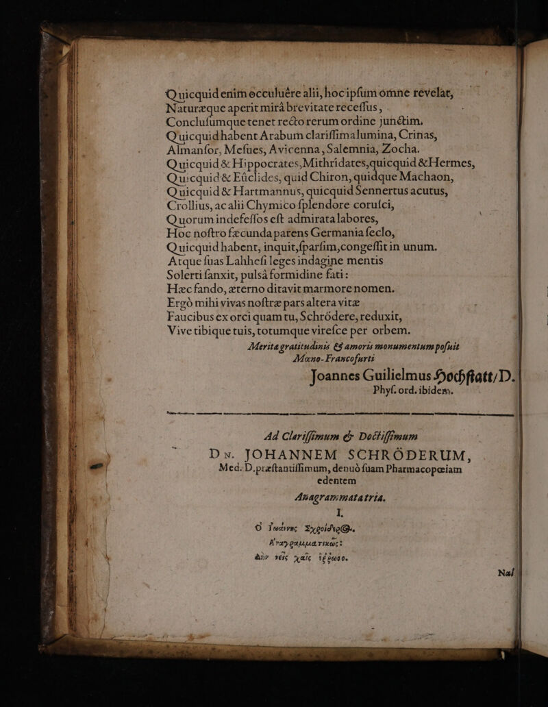 Quicquid enim ecculuére alii; hoc ipfum ornne revelat, Naturzque aperit mirá brevitate receffus, Conclufumquetenet re&amp;to rerum ordine junctim, uicquid habent Arabum clariffimalumina, Crinas, Almanfor, Mefues; Avicenna , Salemnia, Zocha. Q uicquid &amp; Hippocrates, Mithridates,quicquid &amp;Hermes, Quicquid '&amp; Eüclides, quid Chiron, quidque Machaon, uicquid &amp; Hartmannus, quicquid Sennertus acutus, Crollius, acalii Chymico fplendore corutci, Q uorum indefeffos eft admirata labores, Hoc noftro fecunda parens Germania feclo, Q uicquid habent, inquit;fparfim,congeffitin unum. Atque fuas Lahhefileges indagine mentis Solerti fanxit, pulsá formidine fati: Hzc fando, zterno ditavit marmore nomen. Ergó mihi vivas noflrz parsaltera vitz Faucibus ex orci quam tu, Schródere, reduxit, Vivetibique tuis, totumque vireíce per orbem. 7Merita gratitudinis €$ amoris monumentum pofuit ZM«no- Francofurti | Joannes Guilielmus Syocpfiatt/D. Phy(. ord. ibidem. —————— ÁÁ————— à [A [E AnAQTATIIA Eh 14. I. O Todyvsc £xeoidso(G-. Ava gana iC : ài» v6 xaic t£ eut C.