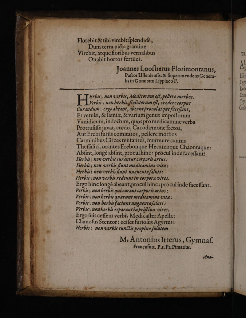 Florebit &amp; tibi virebitfplendidà, Dum terra picta gramine Virebit, atque floribus vernalibus Onabit hortos fertiles. oannes Loofherus Florimontanus, Paftor Uflenienfis, &amp; Superintendens Genera- lisin Comitatu Lippiaco F, CRMEERIRSCYCD VIEGUEZIOUURGEP u— umcucumeetouno Guzrieeuenne ÜNCEESLD Erbu s pon verbis, Medicorum eft, pellere zorbos. H Verbis , non berbis,flolidorum efl, credere corpus Curandum ergo abeagt, abeantprocul atque faceffant, Etvetulz, &amp; lamiz, &amp; varium genus impoftorum Vanidicutn,indo&amp;tum, quos pro medicamine verba Protrufiffe juvat, credo, Cacodemone fretos, Aut Erebi furiis comitatos, pellere morbos Carminibus Circes trentantes, murmure cantus Theffalici, orantes Erebonque Hecatenque Chaontaque: Abfint,lorigé abíint, proculhinc: procul inde faceffant! Herbiss non verbis curantur corporis artus : Herba y non verbis fiunt medicamina vita: Herbis , non verbis funt unguentafaluti: Herbis s non verbis redeunt in corpora vires. Ergo hinclongéabeant,proculhinc; proculinde faceffant. Verbis non berbis qui curant corporis artus : Verbis s non herbis quaerunt medicamina vita : Verbis y non berbisfaciunt unguentafaluti : Verbis, non berbis veparantinpriflina vires. Ergo fuis ceffent verbis Medicafter Apella: Clamofus Stentor! ceffet furiofus Agyrtes! Herbisw nonverbis cunctis propino falutem ad nde
