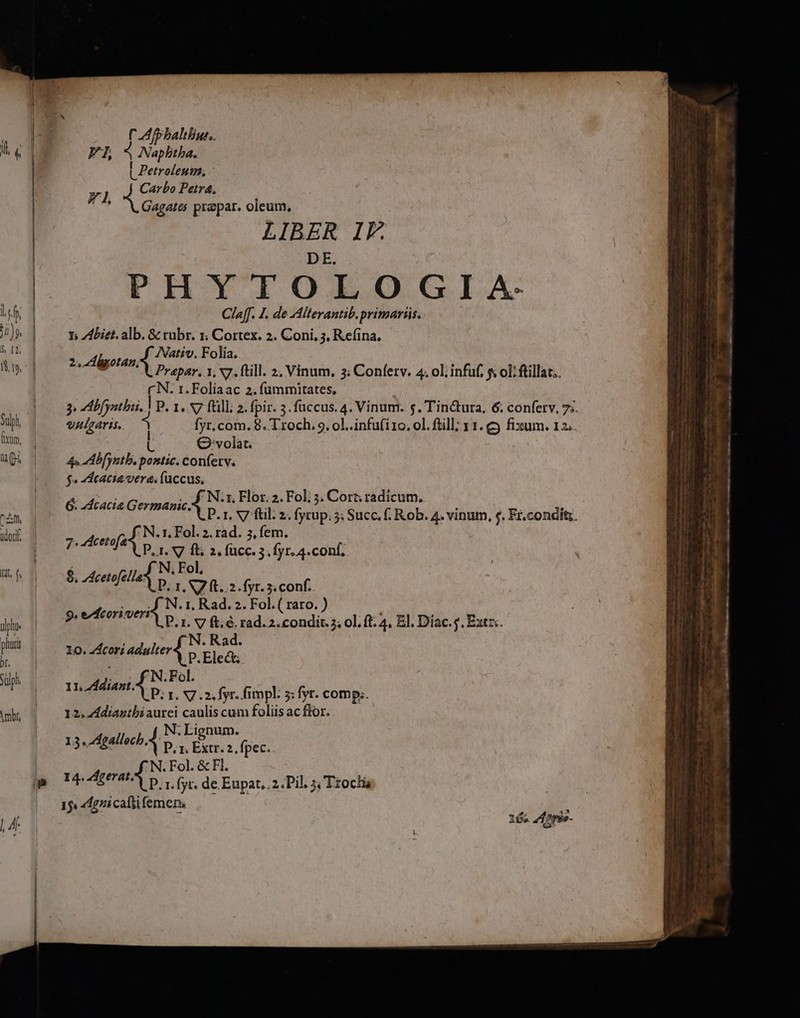 FA fpbalihus.. FT, , Napbtha. L Petroleum, Carbo Petra, Gagates prepar. oleum. LIBER IF. DE. PHYTOLOGIA- Claff. I. de Alterantib.primariis. 5 biet. alb. &amp; rubr. 1. Cortex. 2. Coni, 3, Refina, Nativ. Folía. ndigotan, ,Prapar, 1, 7. füill. 2. Vinum. 3; Conferv. 4. ol;infuf, s oL: ftillat.. ('N. 1. Foliaac 2. füummitates, 3. Abfynthii. | p. 1. 7 ftill; 2. fpir. 3. fuccus. 4. Vinum. 5. Tin&amp;ura, 6; confetv, 75. vulgaris. | fyr.com. 8. Troch. 9. ol. infuíiro, ol. fill; 11. e fixum. 12; Q'volat. 4s dbfyntb. bb conferv. $« 4dcaciaera, fuccus. F1 N.rz, Flor. 2. Fol; 3. Cort: radicum, P. 1. S7 ftl. 2. fycup; 5; Succ . Rob. 4. vinum, s. Ei.condit.  N. r, Fol. 2. rad. 5, fem. P, 1. V7 fl; 2. fucc. 5. fyr. 4.conf. N, Fol, P. 1, V7 ft. 2. fyr. 3 conf. N. 1, Rad. 2. Fol. ( raro. ) P.r. E é. rad.2. condit. 3. ol. ft. 4, El. Diac. j. Extr. Io. Zfcori adulter » Ele td . ^N.Fol. o ANA V7 2 beyr. fimpl: 5: fyr. comp;. 12. Zdianthbi aurei caulis cum foliis acflor. N; Lignum. 13. AgallocbA P;B iin. 2. fpec.. N. Fol. &amp; Fl. I4 AREA p fyt. de Eupat, 2. Pil. 5, Troclis 15» dgzicaftifemen, 6. dcacia Germanic. 7. 4kcetofa $. Zscetofella: 9, ezfcorinveri 16s Aoris-