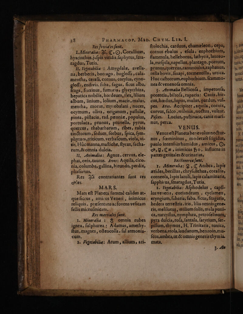 Res foviales funt, 1. Miaeralia: 24, (C5 (9 , Corallium, hyacinthus,j4fpis viridis faphyrus,fma- ragdus, Tutia. II. Vegetabilia: : Amygdale, avella. na, berberis, borrago , bugloffi , cala- mentha, cera(a, cornus; corylus, cyno- gloíf:, endivia. faba, fagus, ficus alba, ftaga, fraxinus, fumaria; glycytrhiza, hepatica nobilis, hordeum, ilex, lilium album, linium , lolium , macis, malus, mentha, morus, myrobalani , nuces, ocymum, oliva, origanum, pafífule, pinea, piítacia, rad. pzoniz , populus, portulaca, pruous, prunella, pyrus, quercus, rhabarbarum, tíbes, rubia tin&amp;orum ; fedum, forbus; fpica, (ym- phytum,triticum, verbafcum, viola, vi- tis, Hüc manna, maf(tiche, ftyrax, facha- rum,&amp; omnia dulcia. IL, Z4nimalia: Agnus, cetvus, ele- phas, ovis,taurus. Aves: Aquila; cico- nia, columba, gallina, hirundo, perdix, phafianus, Res 2Zi contrariantes funt res cles. MAR S. Mars eft Planeta fümmé calidus at- queficcus , amicus Veneri , inimicus reliquis, prefentansacfovens veficam fellis microfmicam. Res tuartiales funt. I. Mizeralia : &amp; omnia rubea ignea, fulphurea : Adamas, amethy- cum, 2. Fegetabilia: Arum , allium, ari- ftolochia, carduus, chamzleon ; cepa; cornus ebulus , efüla, euphorbium, flammula, helleborus, lathyris, laureo- la,mefpila,napellus, plantago, porrum, prunus;quercus;ranunculus,raphanus, teítabovis, finapi, cormentilla , urtica. Huccaftoreum;euphorbium. fcammo- nea &amp; venenofa omnia, 3. dninalia Bellicofa , impetuofa, potentia, biliofa , rapacia: Canis,hir- cus, hacdus, lupus, mulus, pardus; vul- pes. Aves. Accipiter , aquila, cornix, corvus, falco , milvius ,no&amp;tua, vultur. Pifces... Lucius, pa(tinaca, canis mari- nus, petca. VENUS. nus, famininus , moderate frigidus, 9d Ca inimicus po, influensin partes genitales &amp; urinarias, | Res Venerea funt. 1. AMineralia: Q , ( Ambra; lapis ztides, berillus , chryfolithus; corallia; corneola, lapis lazuli, lapis calaminaris, fapphirus, fmaragdus, Tutia, 2. Vegetabilia: Afphodelus , capil- lusveneris, coriandrum , cyclamen, eryngium, fabaria; faba, ficus; fragaria, hedera terreftris, iris, lilia omnisgenee ris, melilotus , milium folis, mala puni- ca, narcyflus, nymphaa, petrofelinum; pyra dulcia, rofa, fantala, fatyrium, fer- pillum, thymus , H, Trinitatis , tunica, verbena,viola,laudanum,benzoin,mu- fcus,ambra,ut &amp; omnis generis thymiae mata, n j^ tau, V edidi gii homidi micis quod radit, NI put ni fij fiim: PTT ! TUE hontm
