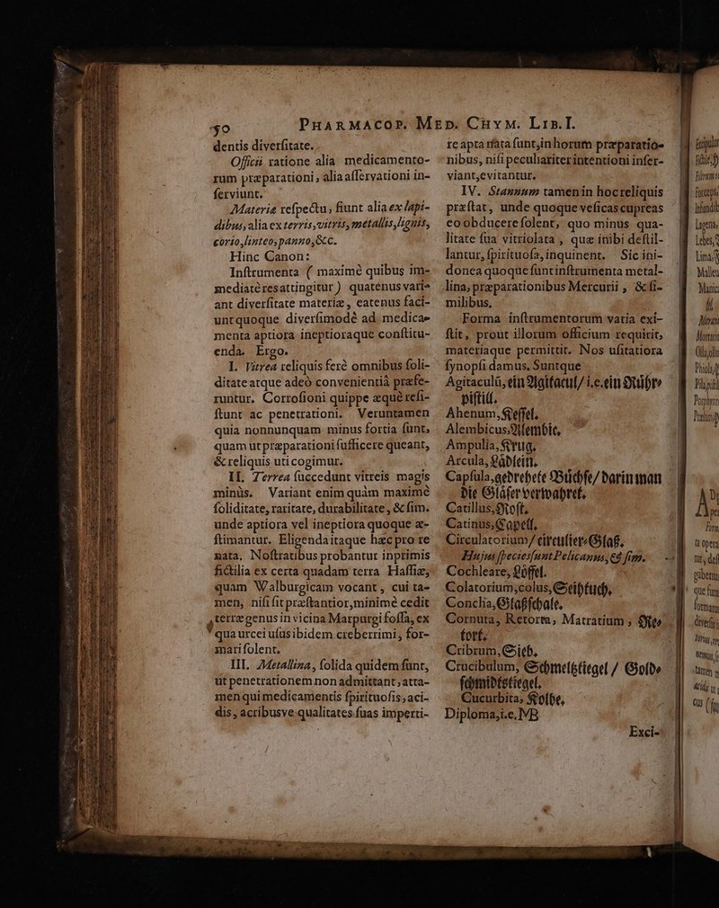 dentis diverfitate. Officii ratione alia. medicamento- rum pra parationi alia affervationi in- ferviunt. — AMateria refpectu, fiunt alia ex /api- dibus;alia ex terris,vitris, métaliis, guis, corio, linteoypanno, cc. Hinc Canon: Inftrumenta. ( maximé quibus im- mediatéresattingitur ) quaténus vari» ant diverfitate materiz , eatenus faci- untquoque. diverfimodé ad. medica» menta aptiora ineptioraque conftitu- enda. Ergo. : I. Virrea reliquis feré omnibus foli- ditate atque adeó convenientià prafe- runtur. Corrofioni quippe aque refi- Ítunt ac penetrationi. Veruntamen quia nonnunquam minus fortia funt; quam ut pra parationi fufficere queant, &amp; reliquis uti cogimur. II. 7errea füccedunt vitreis magis minüs. Variant enim quàm maxime foliditate, raritate, durabilitate , &amp; fim. unde aptiora vel ineptiora quoque «- ftimantur. Eligendaitaque hac pro re mata, Noftratibus probantur inprimis fhidilia ex certa quadam terra. Haffiz; quam Walburgicam vocant , cui ta- men, nifi fit przftantior,minimé cedit Q,Uetrz genus in vicina Marpurgi foffa, ex * qua urcei ufus ibidem creberrimi , for- mati folent. III. 24etall;za , folida quidem funt, ut penetrationem non admittant; atta- imenqui medicamentis fpirituofis; aci- dis , acribusve:qualitates fuas imperti- viantjevitantüt. milibus, piftit. Ahenum, $ge(fel., Alembicus:9tembit, Ampulia, $oruq, Arcula, $Gb(eitl. Catillus,$ytof, Catinus,Gapetf, Cochleare, £ffel. Concha, Gitaffebale. fotf. Cribrum,Gitb, fdmibtetieaet. Cucurbita, $o[be, Diploma,i.c.]IVB fripdu fief Ryu Forceps [fandi lageths Lebes,* Lim Millen Manic íi Mnt Mortari Olliolh hio) Wd Poplyri Pralunj  p Tiny opera üt, de ubera fotmam dives: ltr 77 Mo Wy, Umen ! Ad, v. (us ( fi