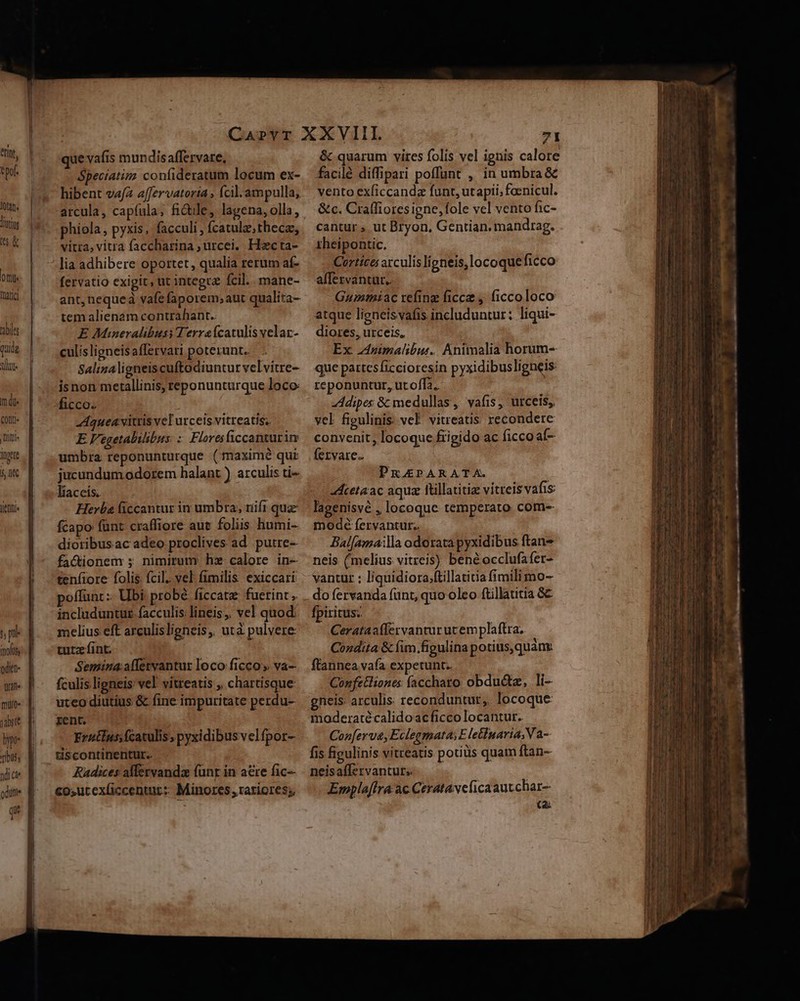 | ttir, | e pof. lon. Tutus GN bmi nati tbi quida akt. mdi COL Dit int 5, DtC Inte pue ino oditt- Qr ffo jte hypo rbi, ndi cte dite qi que vafis mundisaffervare, Spectatizz coníideratum locum ex- hibent v«f2 affervatorta » fcil.ampulla, arcula, capíula, fictile, lagena, olla, phiola, pyxis, facculi , fcatulz,theca, vitra, vitra faccharina ; urcei. Hacta- lia adhibere opottet , qualia rerum af- fervatio exigit, ut integta fcil. mane- ant, nequea vafe faporem;aut qualita- tem alienam contrahant.. E Müneralibuss Terraícatulis velar- culisligneisaffervati poterunt. Salinaligneiscuftodiuntur velvitre- isnon metallinis, reponunturque loco: ficco. Aquea vittis vel urceis vitreatis; E F'egetalilibus: : Floresficcanturim umbra reponunturque (maximé qui jucundumodorem halant ) arculis ti- liaccís.. Herba ficcantur in umbra; rift qua fcapo fünt craffiore aut foliis humi- dioribusac adeo proclives ad. putre- fa&amp;ionem ; nimirum hz calore in- tenfiore folis fcil. vel fimilis exiccari poffunt :- Ubi probé ficcatz fuetint .. includuntut. facculis lineis, vel quod: melius eft arculisligneis, utà pulvere tutz fint. Semina:afletvantur loco ficco; va- fculis ligneis vel vitreatis , chartisque uteo diutius &amp; fine impuritate perdu- rent. Erntlus; fcaculis, pyxidibus velfpor- tiscontinentur.. Radices aflervanda funr in aee fic—- co»utex(iccentur: Minores rariores; &amp; quarum vires folis vel ignis calore facilé diffipari poffunt , in umbra &amp; vento exficcandz funt, utapii; foenicul. &amp;c. Craffioresigne,fole vel vento fic- cantur s. ut Bryon, Gentian. mandrag. theipontic. Curtice arculisligneis,locoqueficco affervantur.. Gummiac refing ficcz , ficcoloco atque lieneisvafis includuntur: liqui- diores, urceis, Ex duimalibus.. Animalia horum- que pattcsficcioresin pyxidibusligneis reponuntur, ut offa. Adipes &amp; medullas, vafis, urceis, vel figulinis: vel viureatis recondere convenit, locoque frigido ac ficco af- fervare. PRAEPARATA. Aetaac aqua ftillatitia vitreis vafis lagenisvé , locoque temperato com- mode fervantur;. Bal[amaila odorata pyxidibus ftan- neis (melius vitreis) benéocclufafer- vantur : liquidiora;ftillatitia fimili mo- do fervanda (ünt, quo oleo ftillatitia Gc fpiritus: Cerataaffervantur utem plaftra, Condita &amp; fim.figulina potius,quàne ftannea vafa expetunt. Confetliones faccharo obductz, li- gneis arculis: reconduntur,. locoque moderatécalidoacficco locantur. Con[erva, Eclegmata,E letluaria,V a- fis figulinis vitreatis potiüs quam ftan- neisaffetvanturt.. Empla[fra ac Cerataveficaaut char-- (a. LEO x