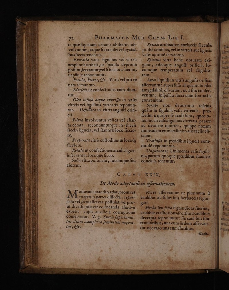 ta quzliquatam ceramimbiberit; ob- volvuntur , atque fic arculis vel pyxidi- bus ficcistenentur. Extratla vafis. figulinis vel vitreis amplioris orificii ,ut ípatula depromi poflint,fervantur;vel fi ficciora fuerint, ut pilulz reponuntur.  Fecula, Flores, ác, Vitrisvel pro re nata fervantur. AMorfelli,ut confectiones cuftodiun- tur. Olea infa[a atque expreffa in vafis vitreis vel figulinis vitreatis reponun- cur. — Deffillata in. vitris angufti orifi- cil. Pilula involvuntur vefica vel char- ta cerata, recondunturque in . thecis ficcis, I;gneis, vel ftanneisloco ficcio- re, Práparata vitris cuftodiunturlocoq; ficciore. Rotula ut confectionesarculisligne- is fervanturlocoque ficco. Sali vitta poftulant, locumquefic- ciotem, Species aromaticz coriaceis facculis probé confutis, velin vitreis aut ligneis váíis optime fervantur, Spiritus vitta bené obturata exi- gunt , adeoque angulti orificii, lo- cumque temperatum vel frigidio- rem, Succi liquidi ín vittis angufti orificii affervantur; fuperfufo aliquantulo olei amygdalini, olivarum, ut à fitu confer- ventur ; infpiffati fucci cum Extractis conveniunt. paa Syrupi. non ^ detinentur. re&amp;iüs quàm in figulinis vafis vitreatis , prz- fertim ii qui per fe acidi funt; quos o- mnino in vafisfieulinis vitreatis parare ac detinere oportet, quippe noxam mineralem ex metallinis vafis facile eli- ciunt, Trochifci in pyxidibus ligneis com- modé reponuntur. Unguentaac Linimenta vafisfiguli- nis, partim quoque pyxidibus ftanneis conclufía tenentur, M? adaptandi varíat, prout res integra in partes diffz cta , repuy- gata vel fecus affervari poftulat; vel pro- ut diverfo /74 eft collocanda aliudve expetit; cujus auxilio à corruptione confervetur, V. g. Swcezs faperfundi- tur olenm ,camphbora fengini limi imponi- fur, $c. Flores affervantur ut plurimum à caulibus ac foliis fuis herbaceis fegte- att, Herba (eu folia fi exandiora fuerint, caulibus craffioribus.fcoríim à caulibus decerpta reponuntur: fin caulibus fint tenuioribus ;una cum iisdem affervan- tur nec raro una cum floribus. ; Radi- pul flach Wim bonia mitur [prit horde durat. Com primum £000 firno, f abd vati, | ptm: Ent Li : hy qua iig Hinc ET fordes fum m tihi Citi tutem dij utendi f AUtantig