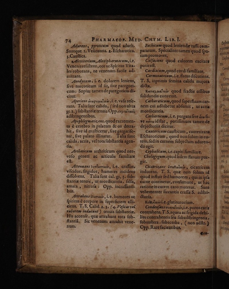 JAdurens, pyroticum. quod adurit. Sontque. 1. Velicantia. 2. Efcharotica. 5. Cauftica. eMlexiterium, Alexipbarmacum i.e. Venenisrefi(tens, coracSpiritus Vita- les roborans, ne venenum facile ad- mittant. dnodynum , i. €. dolorem leniens, five narcoticum id fit, five paregori- cum; Saepius tamen de paregoricis di- citur. Aperiens avagoualiney )l. C, vafa refe- rans. Taliaíunr calida, ( fed nonultta gr.2.) fübítantiz tenuis.Opp.eezvalizoi adftringentibus, Apophlegmatiz.ans, quod excremen- ta € cerebro in palatum &amp; os detra- hit, five id mafticetur, fivc gargarife- tur, five palato illinatur. . Talia funt calida, acria; veltota fubftantia apen- tía, Jribeticum. arthriticum quod ner- vofo generi ac articulis familiare eft. ttenuans yemluvrixór, i.e. craffos; vifcidos; frigidos, humores incidens diffolvens. Talia funt cal. gr, 3. füb- ftantiz tenuis , ut mordicantia; falfa, amata , nitrofa: Opp. incraffanti- bus. ttrabens $Awrinór , i.e. humores ac fpiritus € corpore in fuperficiem alli- ruborem inducunt ) tenuis fübftantia. His accenfe; quz attrahunt tota füb- ftantià. Sic venenum attrahit vene- num. Bechicum quod leniende tuffi com- paratum, Specialitertamen quod fpu- tum promovet, Calfaciens quod. calorem excitare potis eft, Cardiacum quod cordi familiare, Carminatiuum i.e, flatus difcutiens. T. S, inptimis femina calida majora dicta, Kara?;44]:«?y quod. fractis offibus folidandis conyenit. .. | Catbaraticum,quod füperfluam car- nem cui adhibetur abfümit , utacria mordicantia. ve xdroidfiat, potiffimum tamen de dejectoriis dicitur. Cantericum caufticum , cauterizans Efcharoticum , quod nonfolumin cu- tem, fed in carnem fübjectam aduren- do agit. Cephalicum, i.e.capiti familiare, Cholagogum;quod bilem flavam put- gat. Cicatrizans PmeAwlxiy, cicatricem inducens, T, $, que non folum id quod influit fed humorem ; qui ín ipfa carne continetur, confumunt, ut hac rationein cutem caro mutetur. - Sunt vehementer ficcantia cra(Iz S. ad(tri- Coria. KoAAnlikos1. €. glutinatorium. Conden[ansarvwvalincy,i.e. poros cutis contrahens, T.S.aquea ac frigida debi- lius contrahentia feu fubadftringentia fübauftera ; fübacerba , ( non adftr. ) Opp. Rarefacientibus, «o^- (ufiri optictt ES Cun]! [3 Corr uns, Cort qid y £ü2,4c Dedit ps Dur Dues D MBIL (j];udtn Ditutt tusdilctti, Duae quolum cam de Bulo) tjicient Eug eique Eni