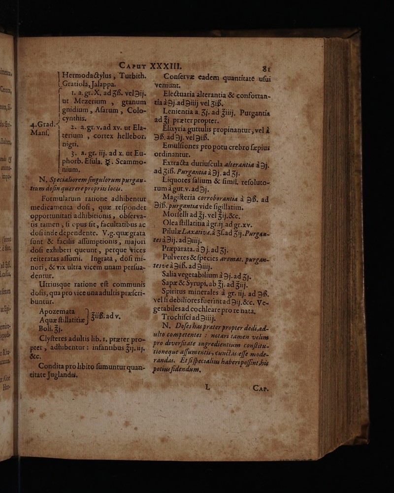 -(ircos ' efr, n af. t(ermen pi dU canna Hermoda&amp;ylus , Tutbith. LGratiola, Jalappa. ( . r.a.gt. X, ad 2f. vel3ij. ut Mezerium ,. granum gnidium , Afarum , Colo- cynthis, a.Grad.4 ^ y. a.gt. v. ad xv. ut Ela- Maní. |ierium ; cortex hellebor. nigti, 3. 3. gt. lij. ad x. ut Eu- | phorb. Efula, $$ . Scammo- ( nium, N. Specsaftorem frmgulorum puvgau- ttum dofin querere proprizs loca. Formularuin ratione adhibentur medicamenra dofi, que refpondet opportunitati adhibitionis ,. obferva- tis ramen ; fi opus fit , facultatibus ac dofiinde dependente. V.g.qux grata funt; &amp; facilis affumptionis , majori dofi exhiberi queunt, perque vices reiteratas afumi. Ingrata , dofi mi- noti , &amp; vix ultta vicem unam períua- dentur. Utriusque ratione eft communis dofis, qua pro vice unaadultis pracícri- buntur. Apozemata  Asie illae Sif. ad v. Boli. 2j. Clyfteres adultis lib. 1, przter pro- pter ; adhibentur : infantibus Zij.ii. &amp;c. ; Condita prolibito fumunturquan- xitate Juglandis, Coníetvz eadem quantitate ufui veniunt. Electdaria alterantia &amp; confottan- tía35j.ad5iiij vel 3iff. Lenientia a. 5j, ad Ziiij, Purgantía ad $j prater propter. Elixyria guttulis propinantur ,vel à 9fi.ad 5j. velpiff. | Emulfiones pto potu crebro fzpius ordinantur. Extracta duriufcula a/zerantia à 9j. adzif.. Purgantiaà 3j. ad 3j | Liquores falium &amp; (imil; refoluto- rumagut.v.ad 5j. Magilteria corroborantia à 91i. ad DBifs. purgantia vide figillatim. Monxfelli ad 2j. vel Sij. Scc. Olea ftillatitia àgr.ij.ad gr.xv. PilulzLaxative,à 3(ad Zij Purgan-- 1e:àBij. ad iiij. | Praparata.à 9j. ad 2j. Pulveres&amp; fpecies aremat. purgan- tesve à iff. adiiij. | Salia vegetabilium 1 5j.ad z J. Sapa &amp; Syrupi, ab Zi. ad Ziij. Spiritus minerales à gr. iij. ad 34. velfidebilioresfüerintad Bij.&amp;c. Ve- getabilesad cochleare pro re nata, Trochifci ad 9iiij. N. Defes bas prater propter dedi,ad- ulto competentes : notari tamen velim pro dwverfitate ingredienti confhtu- tioneque a[[umentiis cuntlas. effe mode- randas, Et fifbeculum baberi polfrntbss potius fidendum., P CAP.