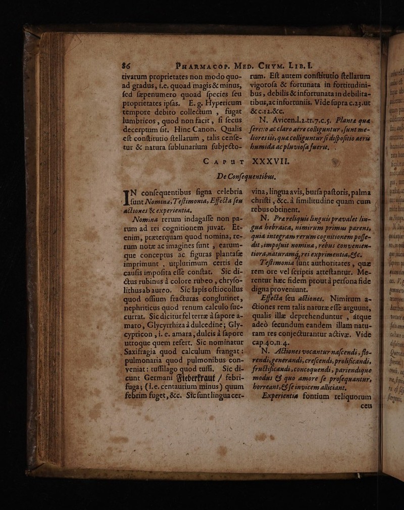 tivarum proprietates non modo quo- ad gradus, i.e. quoad magis &amp; minus, fed fepenumero quoad fpecies feu proprietates ipfas. | E. g. Hypericum tempote debito colle&amp;tum , fugat lumbticos , quod non facit, fi fecus decerptum fit. Hinc Canon. Qualis eft conftitutio ftellarum , talis cenfe- tur &amp; natura füblunarium fubjecto- rum. Eft autem conftitutio ftellarum vigorofa &amp; fortunata in fortitudini- bus; debilis &amp; infortunata in debilita- tibus,ac infortuniis. Vide füpra c.25.ut &amp; cz. &amp;c. fererio ac claro aére collguntur [unt me- Jyorestzs qua colliguntur fi dipofitio aerma bumida ac pluvto[a fuer, N confequentibus figna celebría | p Nomina; T eflimonia, Effecla fen &amp;Clioxes &amp; experientia, ANomina rerum indagaffe non pa- rum ad reí cognitionem juvat. Et- rum note ac imagines funt ; earum- que conceptus ac figuras plantafz imprimunt , utplurimum certis de caufis impofita effe conftat, Sic di- &amp;us rubinus à colore rubeo , chryfo- lithusabaureo. Sic lapisoftiocollus quod offium fracturas conglutinet, nephriticus quod renum calculo fuc« currat. Sic diciturfel cerrz à fapore a- maro; Glycyrrhiza à dulcedine; Gly- cypticon , i. e. amara , dulcis à fapore ntroque quem refert, Sic nominatur .Saxifragia quod calculum frangat : pulmonaria quod pulmonibus con- , yeniat: tuffilago quod tuffi, Sic di- cunt Germani Syieberfrauft /. febri- fuga; (i.e. centaurium minus) quum febrith fuget,&amp;c. Sic(untlinguacer- MARPRUN SET vina, linguaavis, burfa paftoris, palma tebusobtinent. £na bebraica, nimirum primus parens, quia integram verum cognittonem po[fe- dit ,impo[mit nomina ,vebus convenim- Hora naturamá, rei exprimentia,€dc. Teflimonia (unt authoritates , quz rem ore vel (criptis atteftantur. Me- rentur hzc fidem ptoutà perfona fide digna proveniunt. Effeila (eu atliones, Nimitum a- &amp;iones rem talis natürz eíffe arguunt, qualis ille deprehenduntur , átque adeó fecundum eandem illam natu- ram res conje&amp;turantur aCtivz. Vide Cap.40.n:4. N. J4tienes vocantur na[cendi , flo- vendi, generandi, cre[cendi, prolificandi, modus €$ quo amore fe profequantur, borreant;€9 fe invicem alliciant, Experientia. fontium reliquorum ceu E ulii di Agit ib ! milcetuc. um pái jM (ri; nj mittatur y homidi * puta hur iin [cdita pus, Ii pala qu: jp. mide hn i Digo, m quip nyinqui qu act ipu y quando tti, V, [ pane Itn Ácetbus Virtyieg Owrat frati) fmi, | Pt fii t dj uU (ttti,