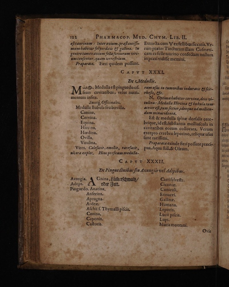 efitaurinum : Inter avium; praffantiffr- mum babetur felberdicrs € galline. In generetamenavium fellafortiorum viri- um cenfentursquam terreffrium. Praparata. Fieri quidem poffünt. fium cavitatibus, velut nutti- mentum infita. Suntá, Officinales, Medulla Bubula feu bovilla. Canina. Cervina. Equina. Hircina, Hoadina. Ovilla. Vitulina, Vires. Calefacit , emollit, varefacit, nicera explet, — Hinc proficuus mednlla- M «XO. Medulla eft pinguedo of- rum prater Tincturamillam Cofmeti- cam exfclletaurino confectam nullum in praxi vidiffe memini, rum [rn in tumovibus induratis e8 fcir- vhofrs, &amp;dc. N. Optima babetur cervina,dein vi- tulina : Medulla Hircina € bnbulatum acrior eff,tum ficcior ideoqne ad mollien- dum minusidonea. Eft &amp; medulla fpinz dor(alis cere- brique,ideft.fübftantia molliufcula in cavitatibus eorum collocata.: Verum excepto cerebroleporino, relique ufus funt rariffimi. pua.Aqua füill,&amp; Oleum. Axungia. Gnina, ?mufdmalt/ . Adeps. 4£ ober SYeff, Pinguedo. Anatina, Anferina. Aprugna. Ardea. Afchii f. Thymalli pifcis. Canina, Caponis. -Cattoris. *?. Catti fylveftr. Ciconiz. Cuniculi, Erinacei.. Gallinz. Humana. Leporis. Lucii pifcis. Lupi. - Muris montani. Hk jit. Vir hund uii Bb ml dioi adeoqt ticipas nisquid then no Ctntes, Situs