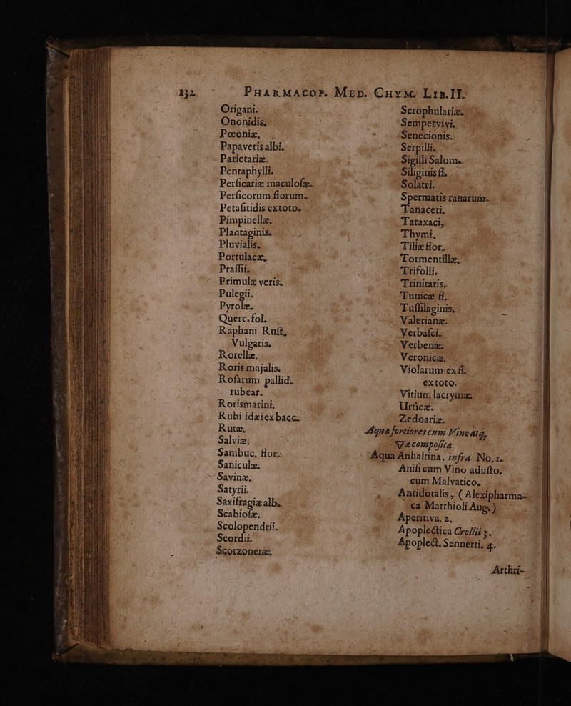 Origani. Ononidis, Pooniz, Papavetisalbi, Parietariz. Pentaphylli. Petafitidis extoto. Pimpinellz. Plantaginis. Pluvialis. Portulacz, Praffii. Primulz veris. Pulegii. Pyrolz. Querc. fol. Mea Ruft, Vulgaris. Rorellz, Roris majalis. Rofaàrum pallid. rubear. Rorismarint, Rubi idziex bacc; Rutz, Salviz, Sambuc, flor; Saniculz. - Savinz. Satyri. Saxifragiz alb, Scabiofíz. Scolopendiii. Scordii. Scorzonexz. Scrophularia; Sempetvivi. Senecionis. Serpilli. Sigilli Salom.. Siliginis fl, Solatrí. anaceti, Taraxaci, Thymi, Tiliz flor. Tormentillz; Trifolii. Trinitatis. Tunica fl. Tuflilaeinis, Valerianz. . Veirbafci.. Verbenz.; Veronica; Violarum ex ff. extoto. Vitium lacrymas Utica. Zedoariz. Wa compofita. cum Malvatico..